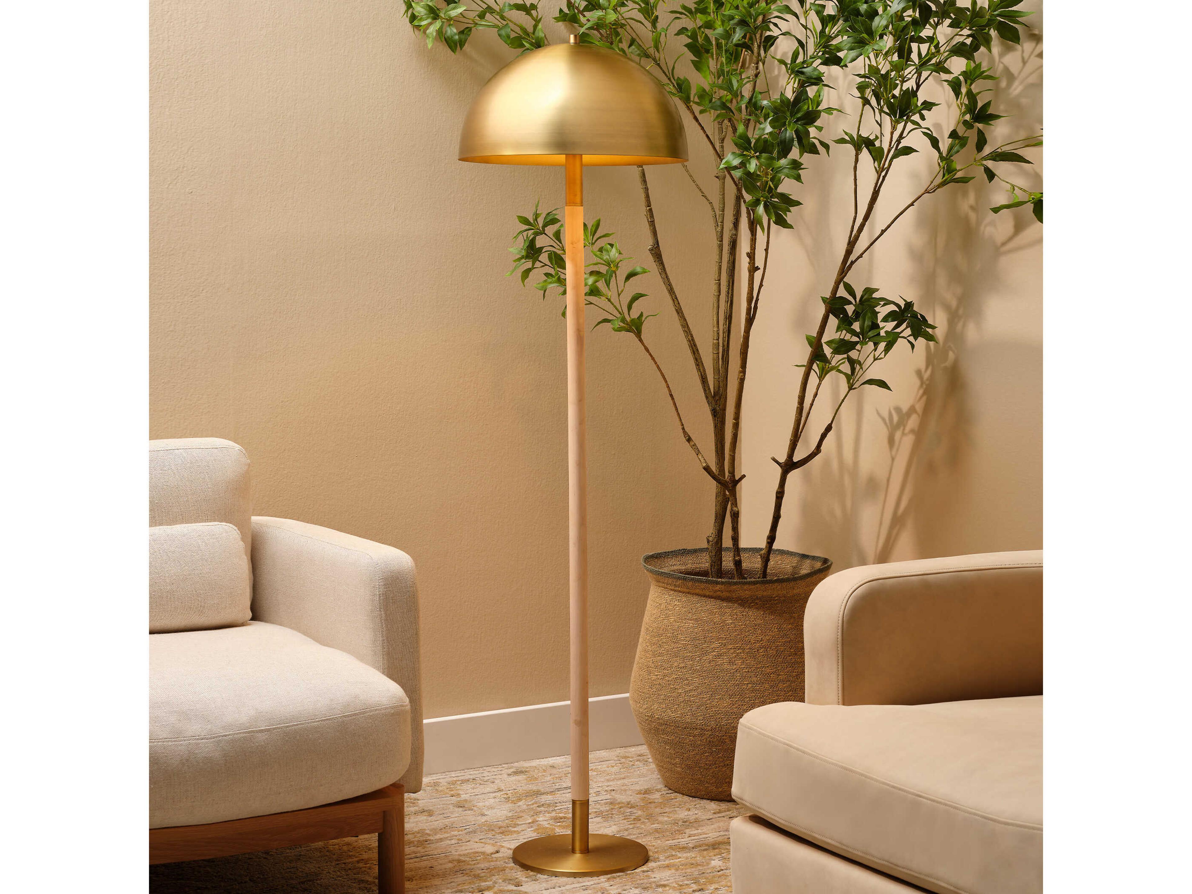 Jamie Young Merlin Antique Brass Natural Iron Rounded Cone Shade Floor Lamp