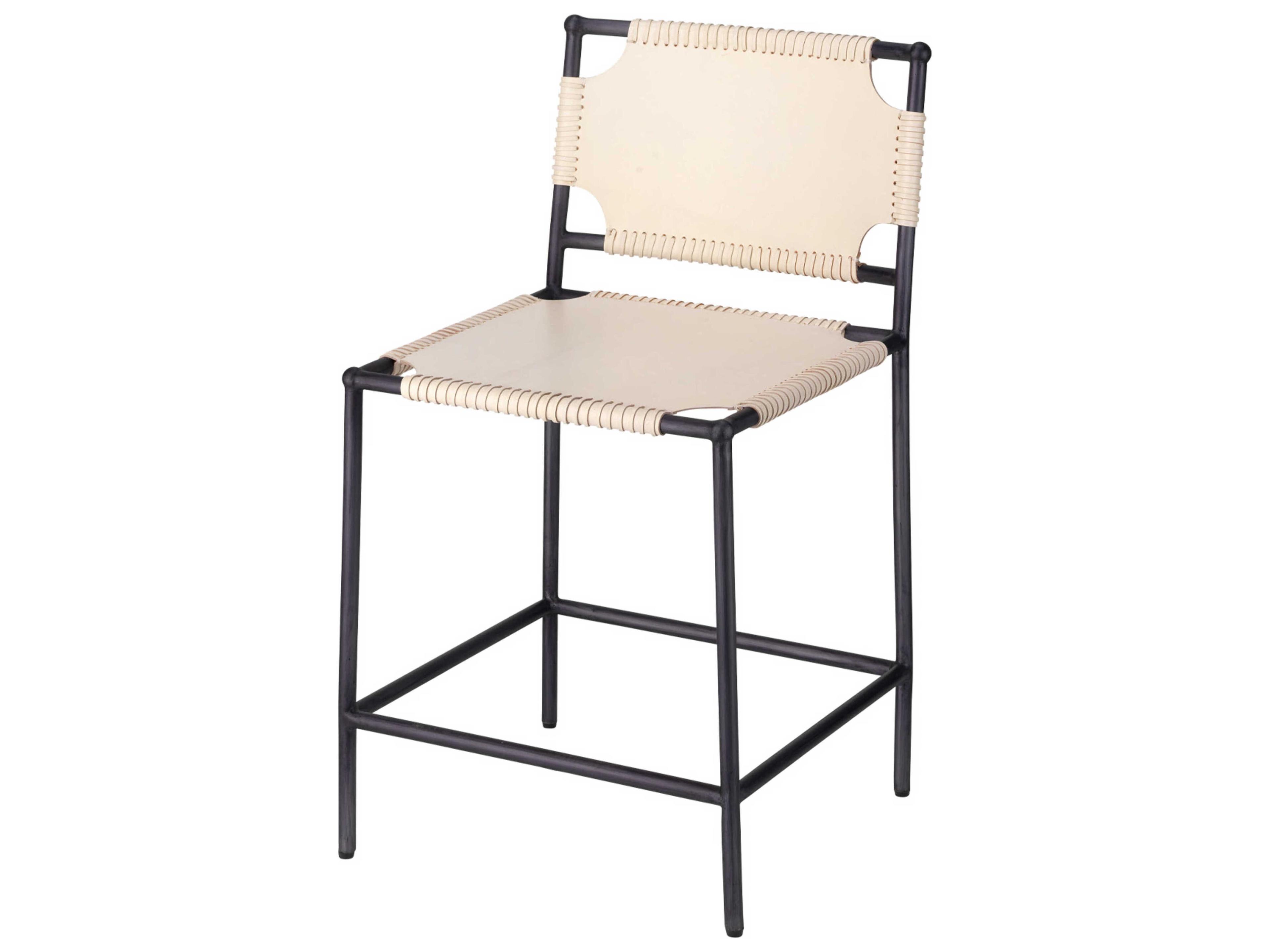 Asher Upholstered Leather Counter Stool in Off-White and Black Steel
