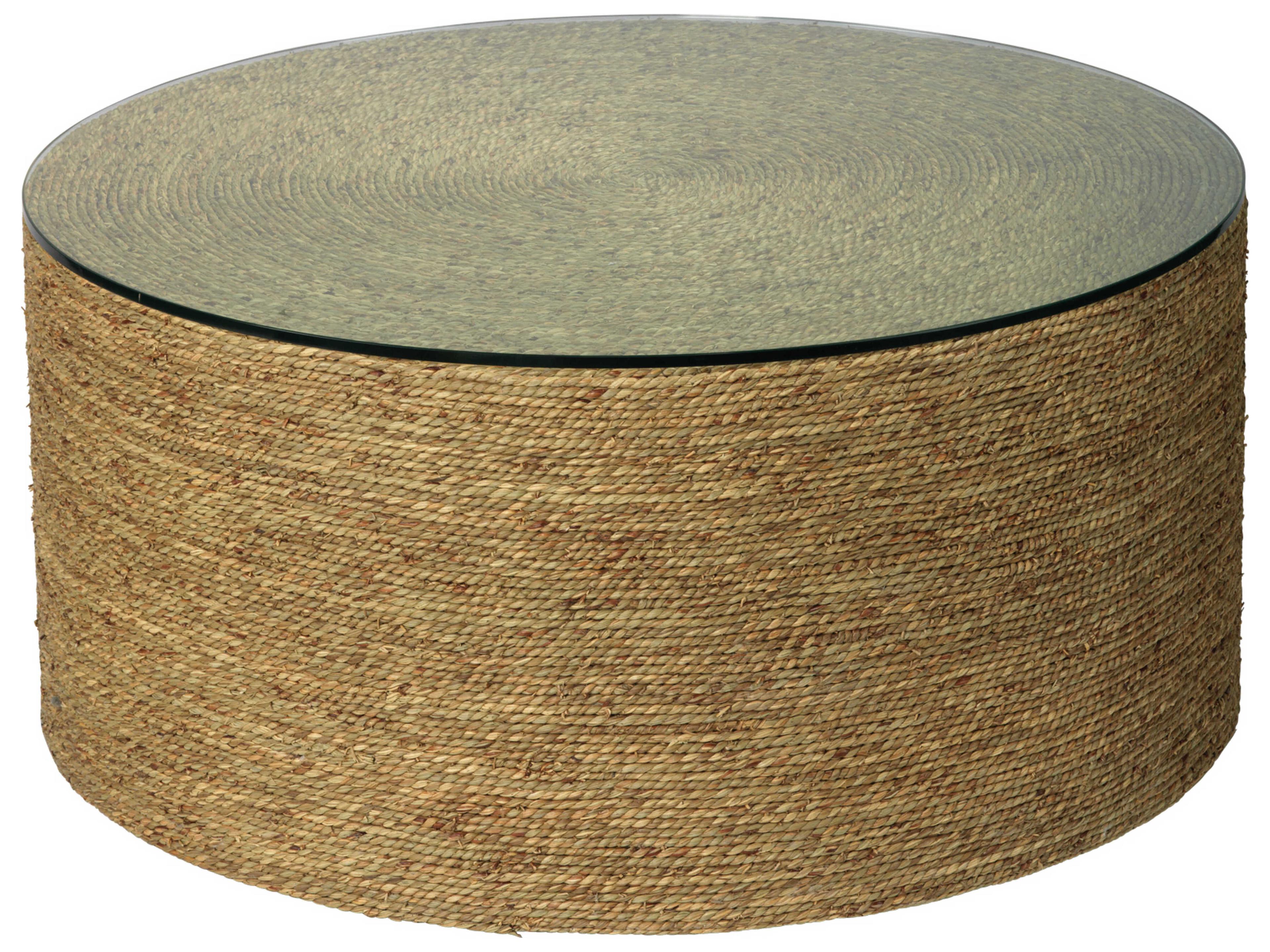 Harbor Round Coffee Table with Natural Seagrass and Tempered Glass Top