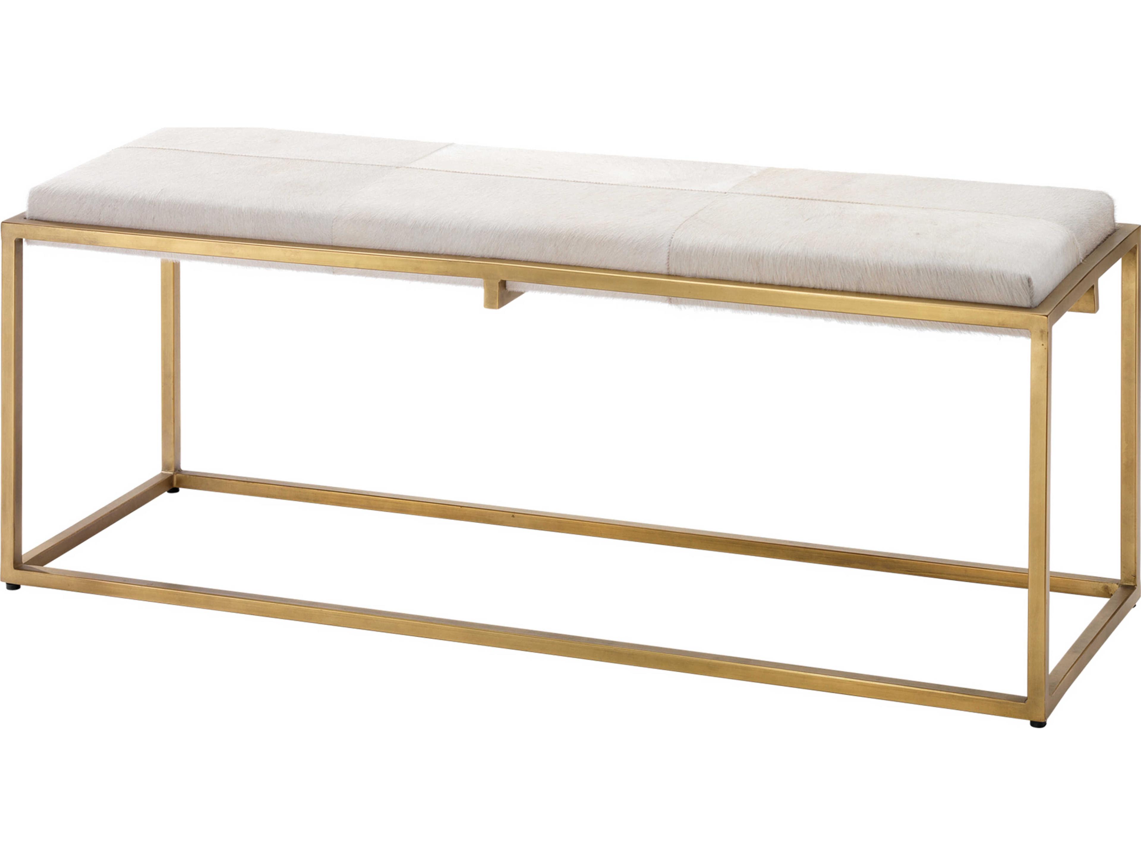 Shelby White Hide Antique Brass Metal Gold Leather Accent Bench