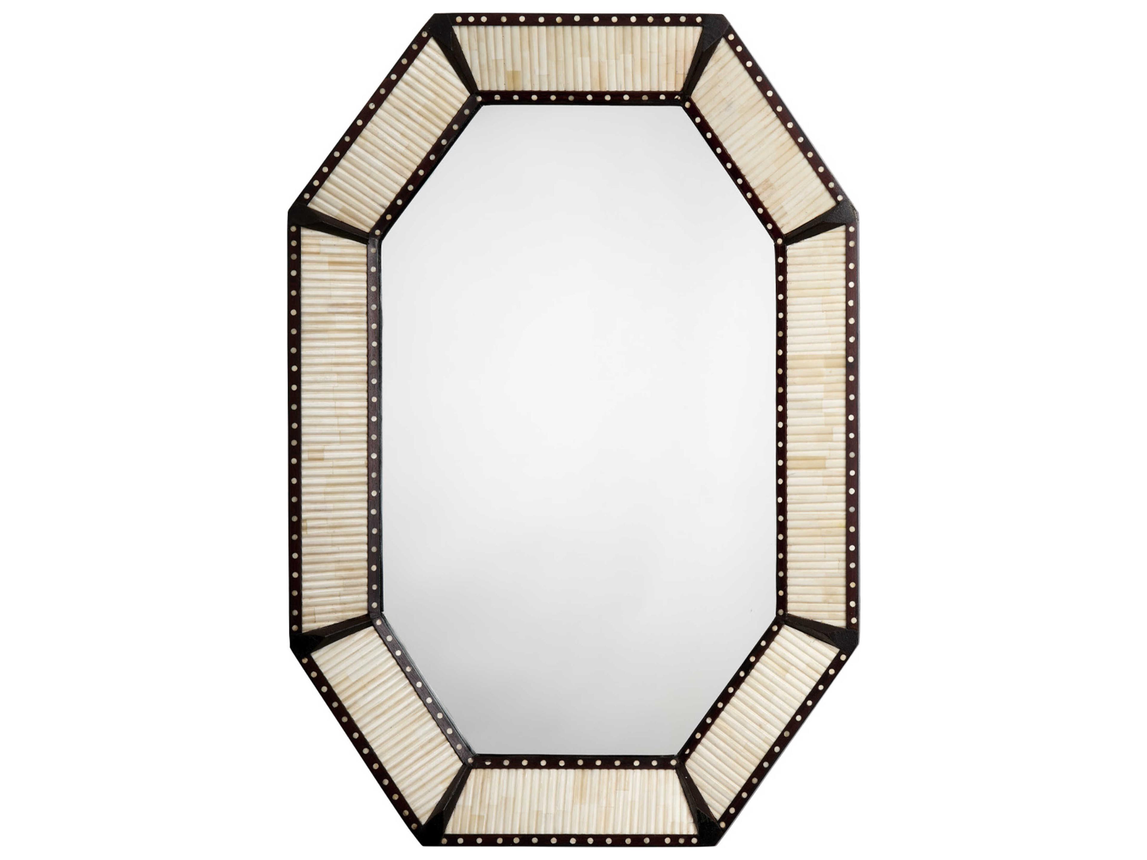 Colony Octagonal Wall Mirror in Off White Bone and Dark Brown Wood Inlay