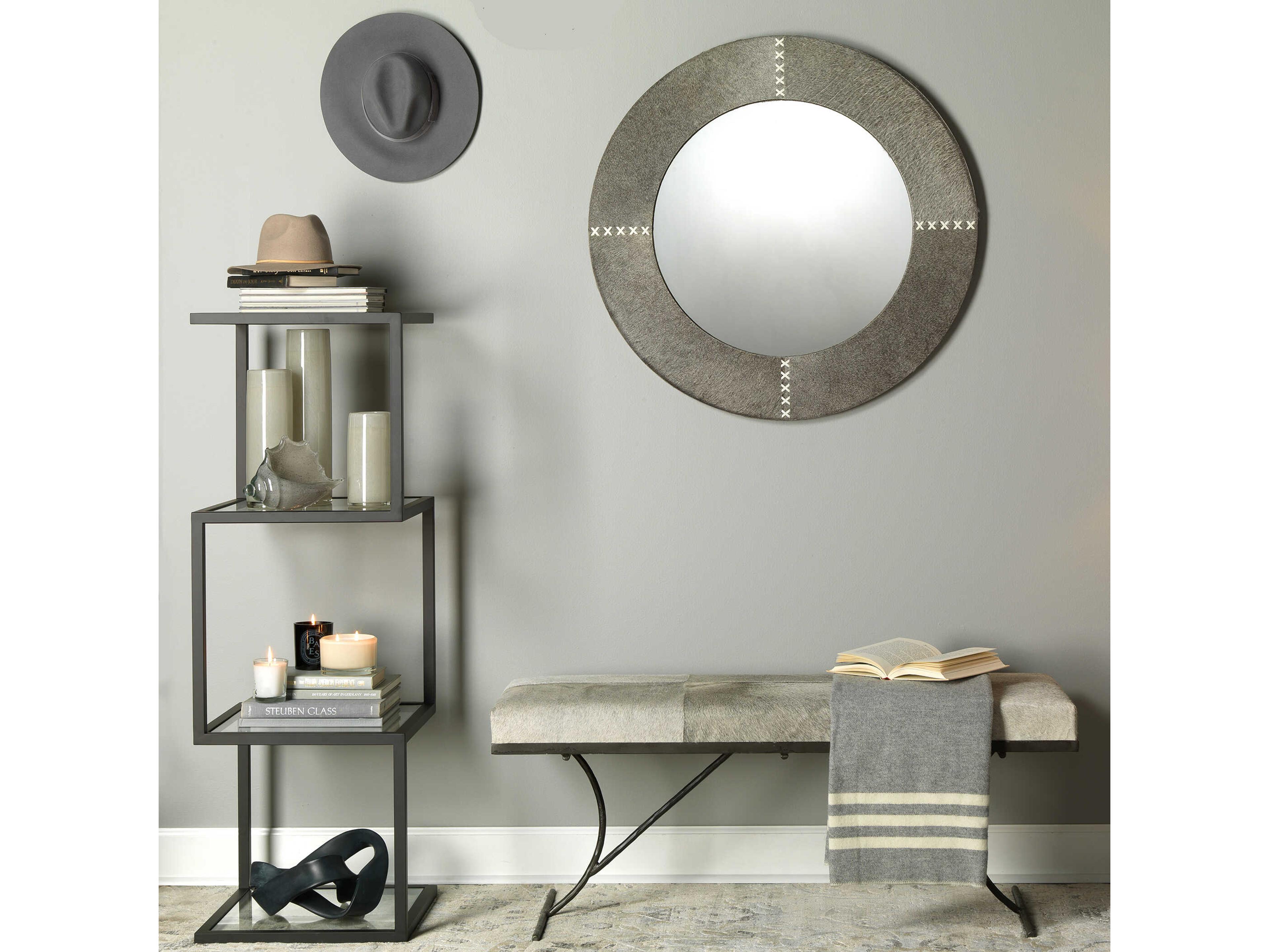 Jamie Young Cross Stitch Round Gray Hide Mirror