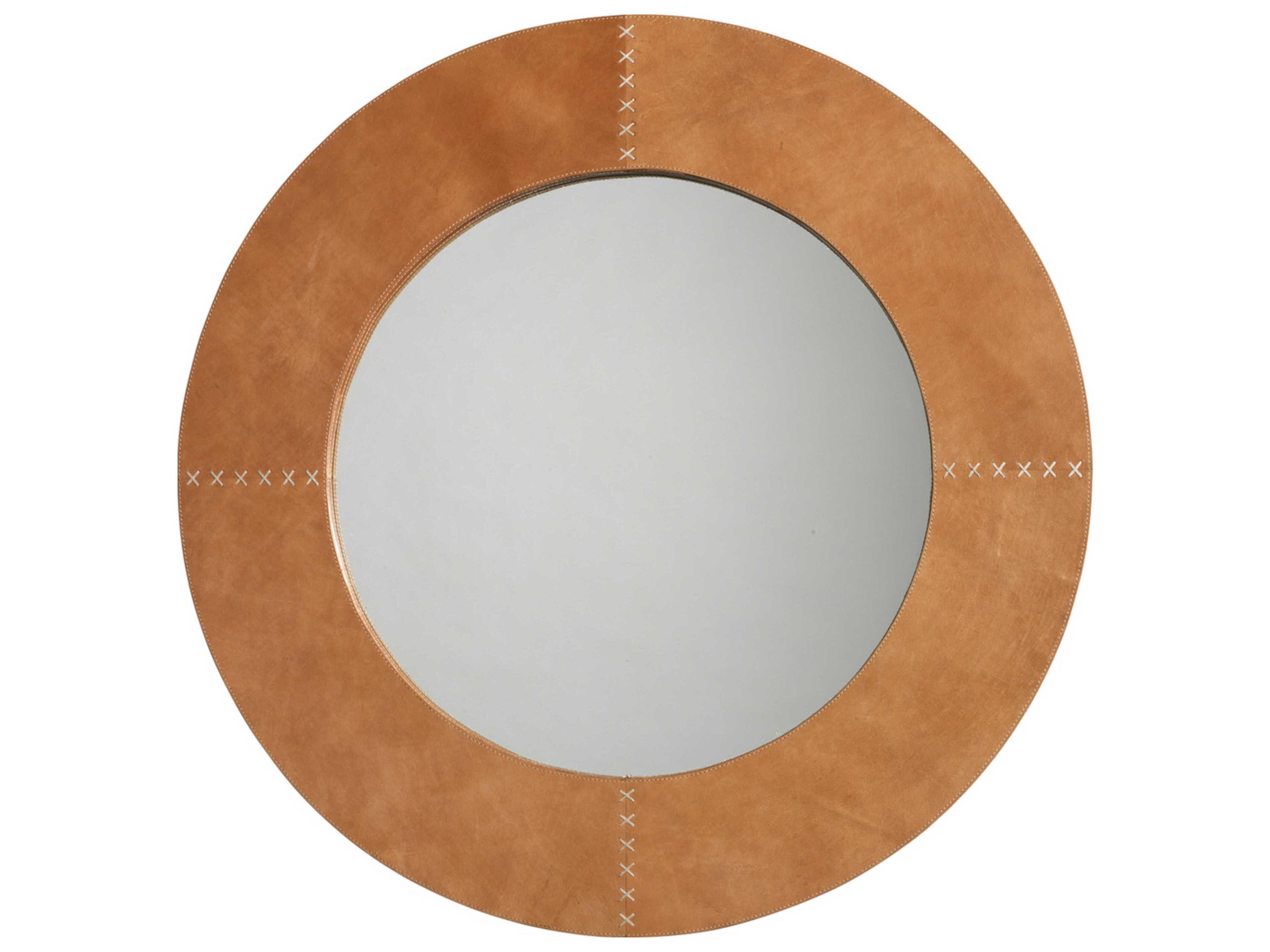 Jamie Young Cross Stitch Round Buff Leather Mirror