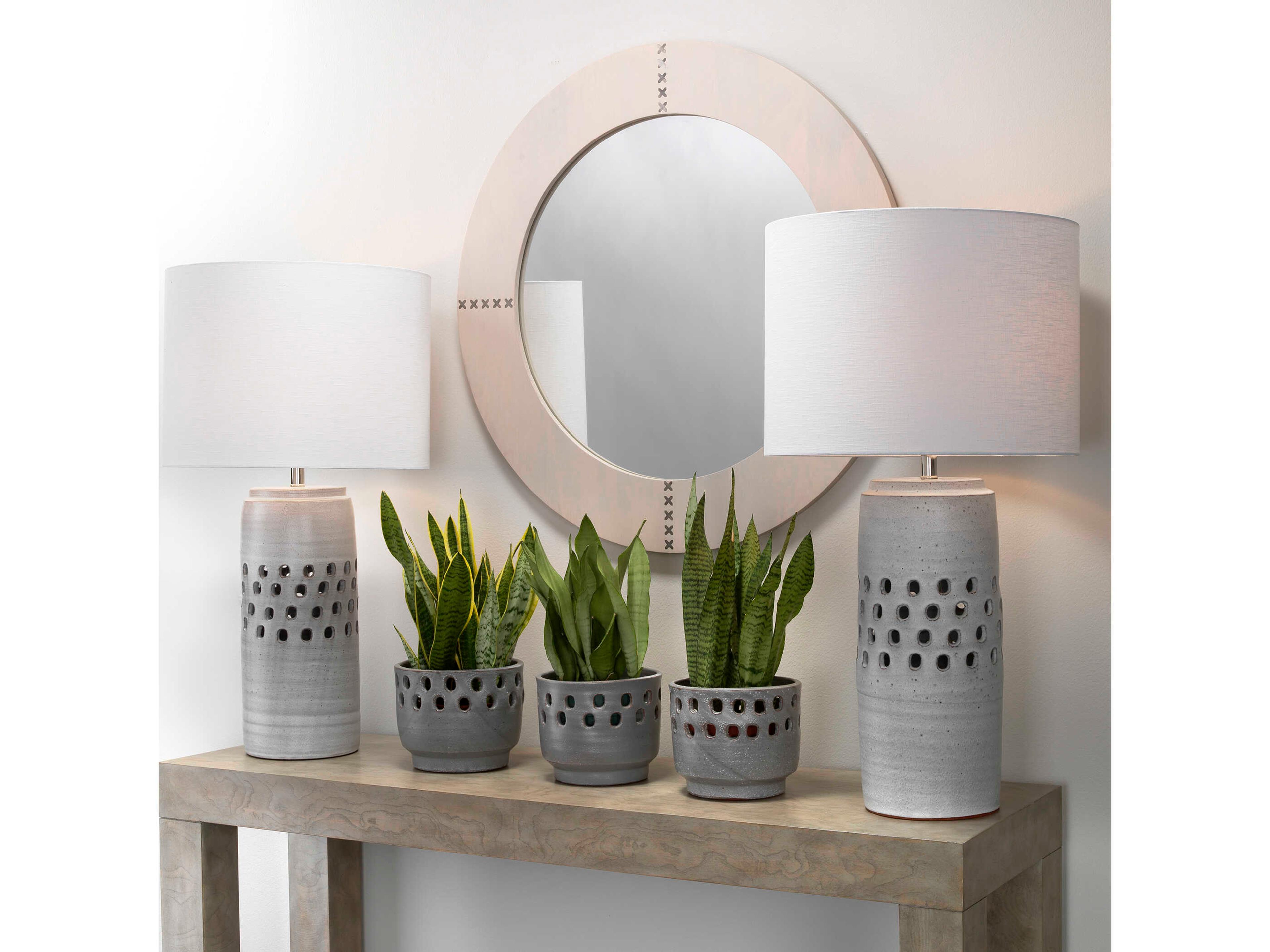 Jamie Young Cross Stitch Round White Hide Mirror