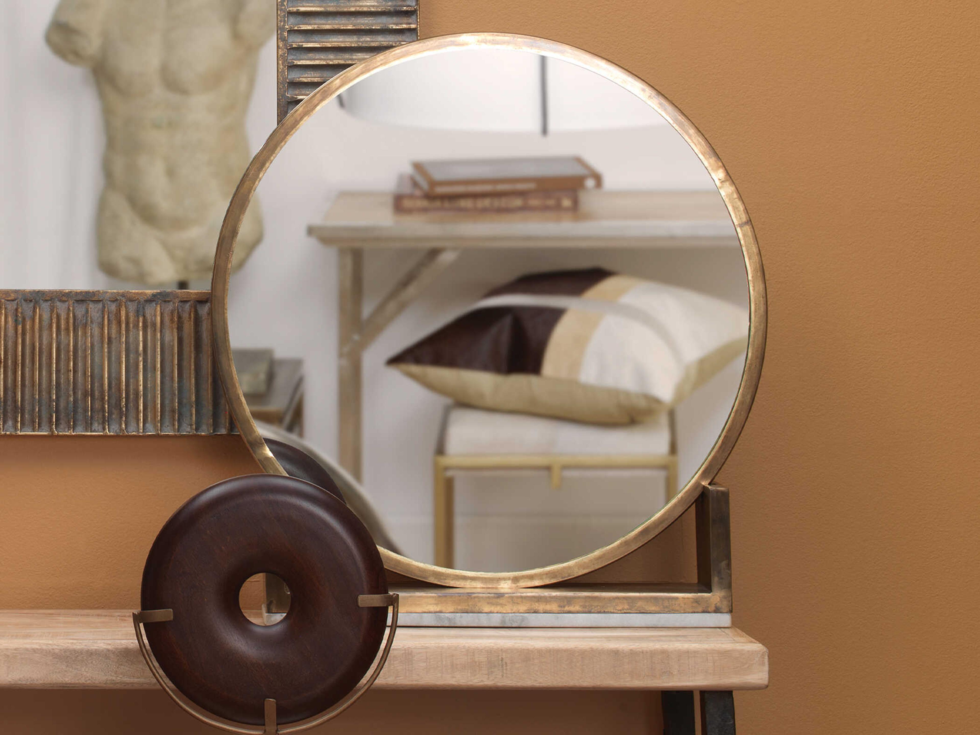 Jamie Young Odyssey Antique Brass & Marble Round Dresser Mirror