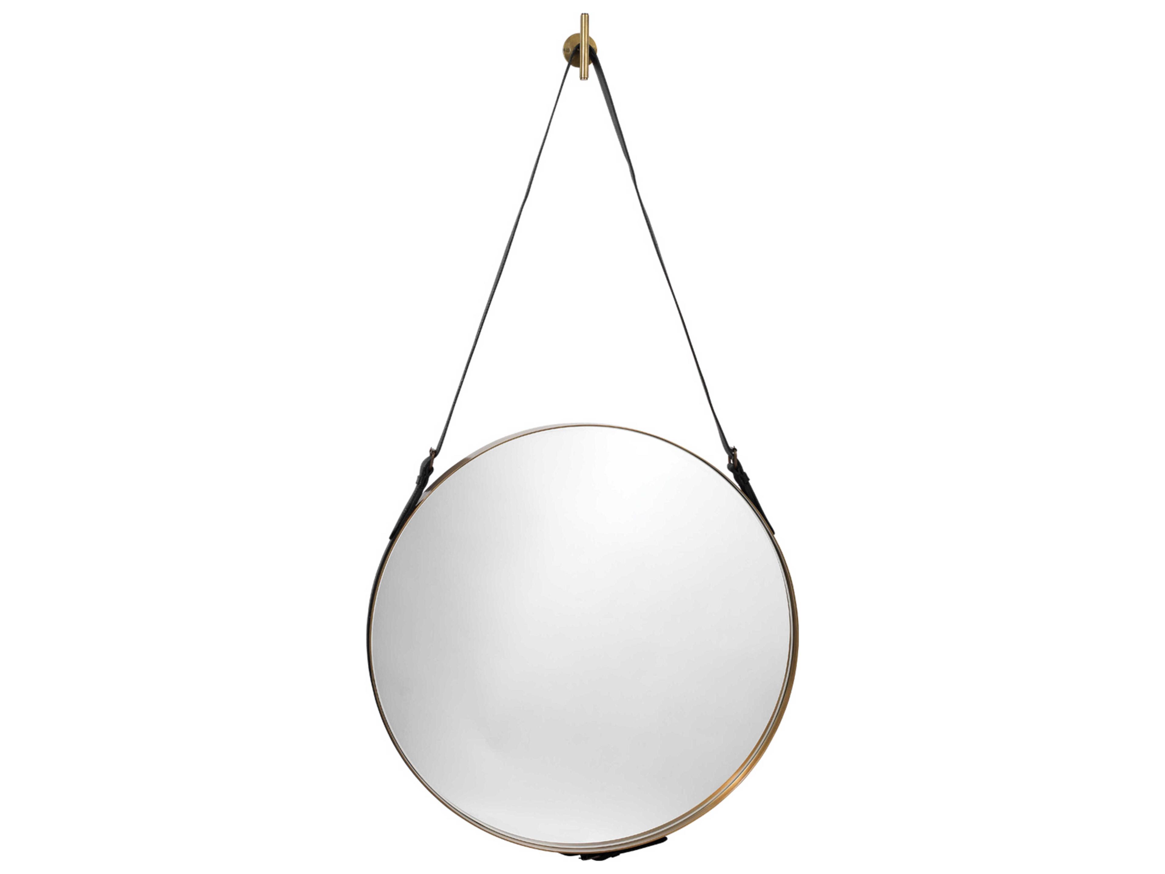 Jamie Young Antique Brass / Black Leather Round Wall Mirror