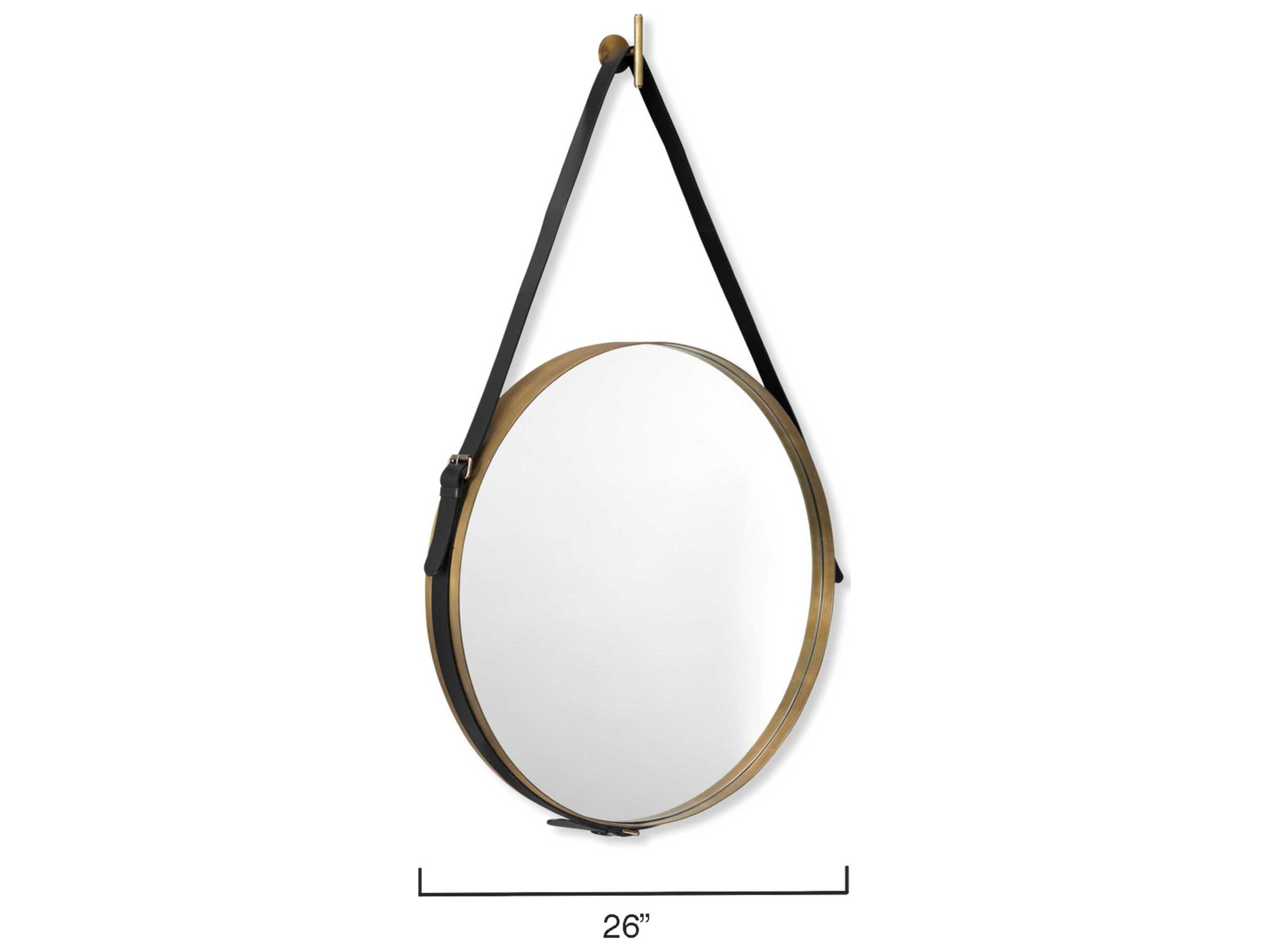 Jamie Young Antique Brass / Black Leather Round Wall Mirror