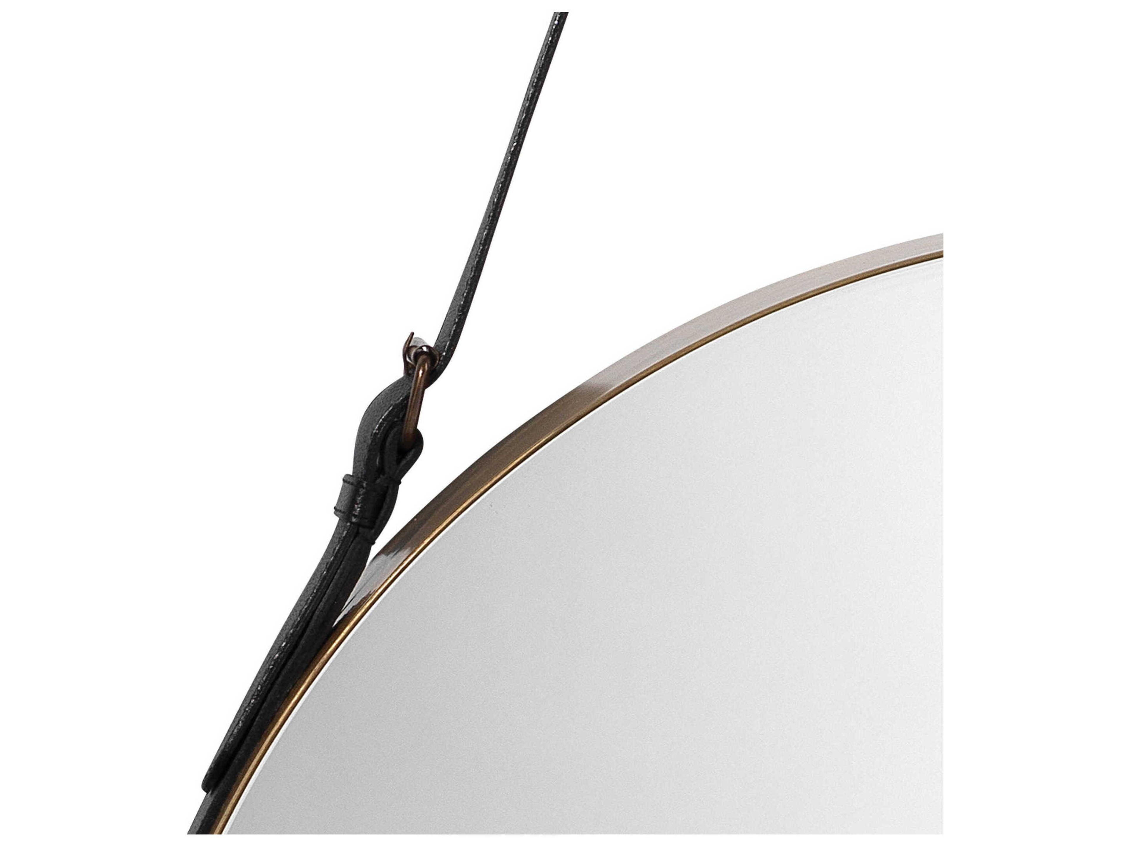 Jamie Young Antique Brass / Black Leather Round Wall Mirror