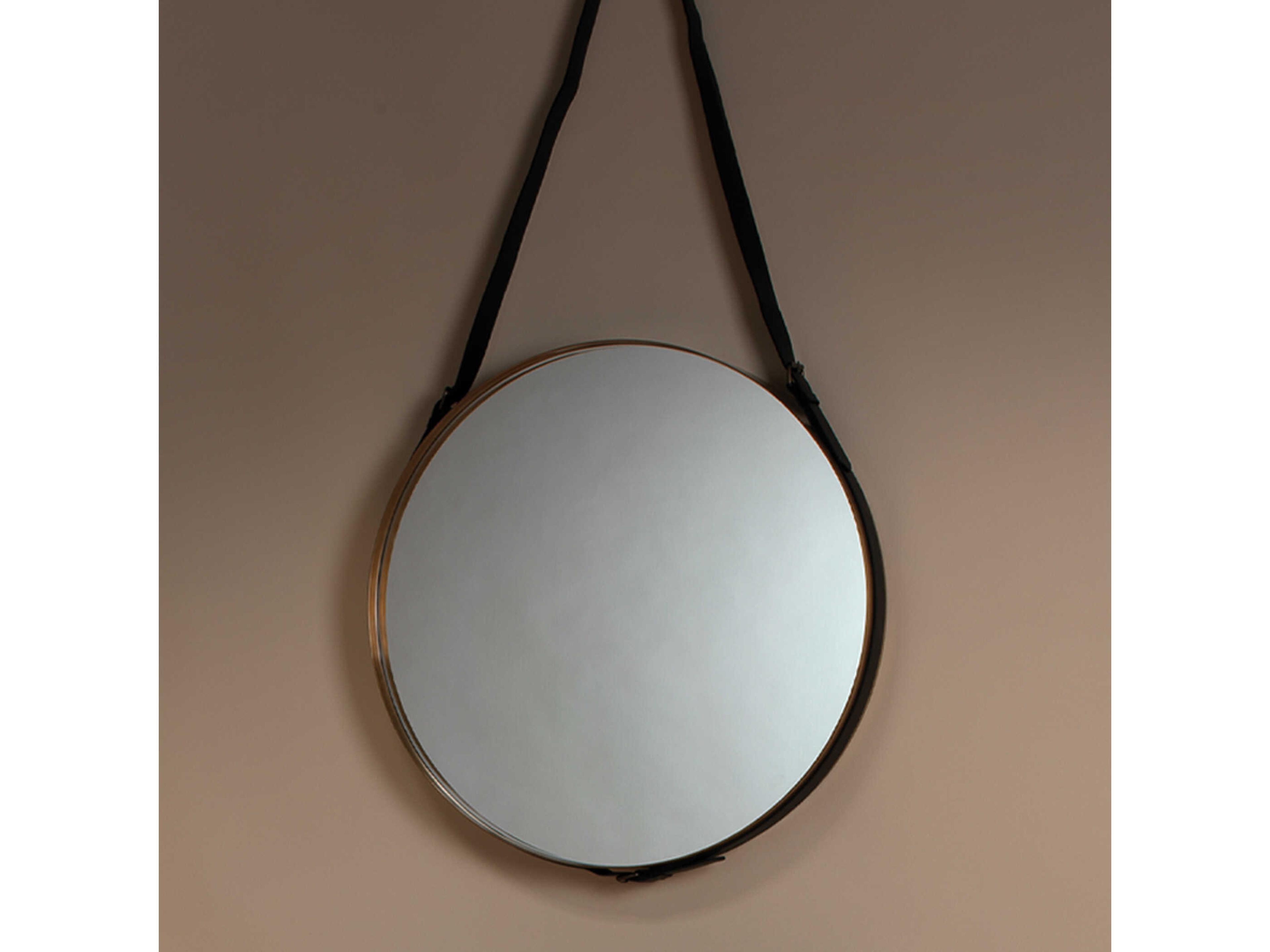 Jamie Young Antique Brass / Black Leather Round Wall Mirror