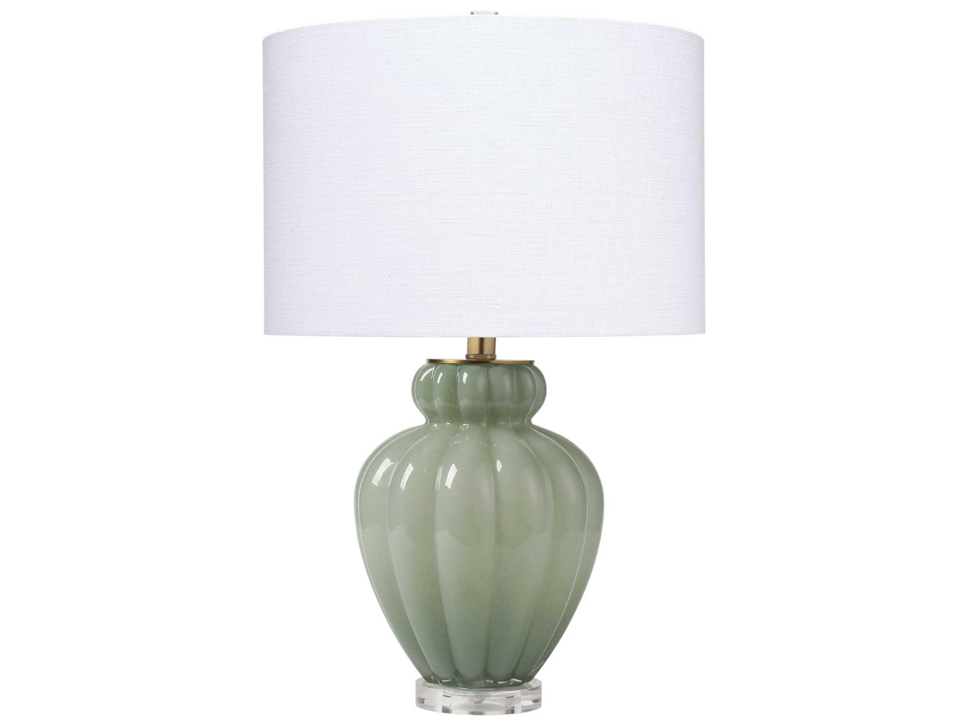 Jamie Young Agnes Celadon Drum White Linen Rolled Edge Green Table Lamp