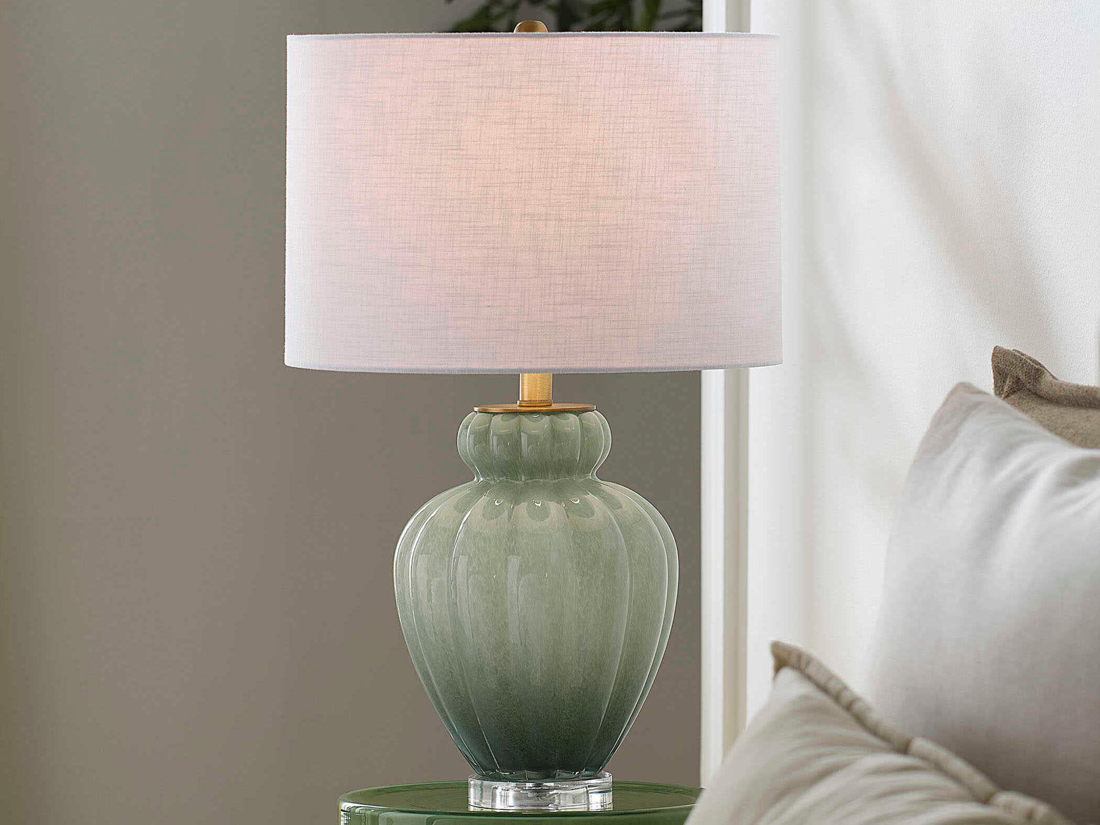 Jamie Young Agnes Celadon Drum White Linen Rolled Edge Green Table Lamp