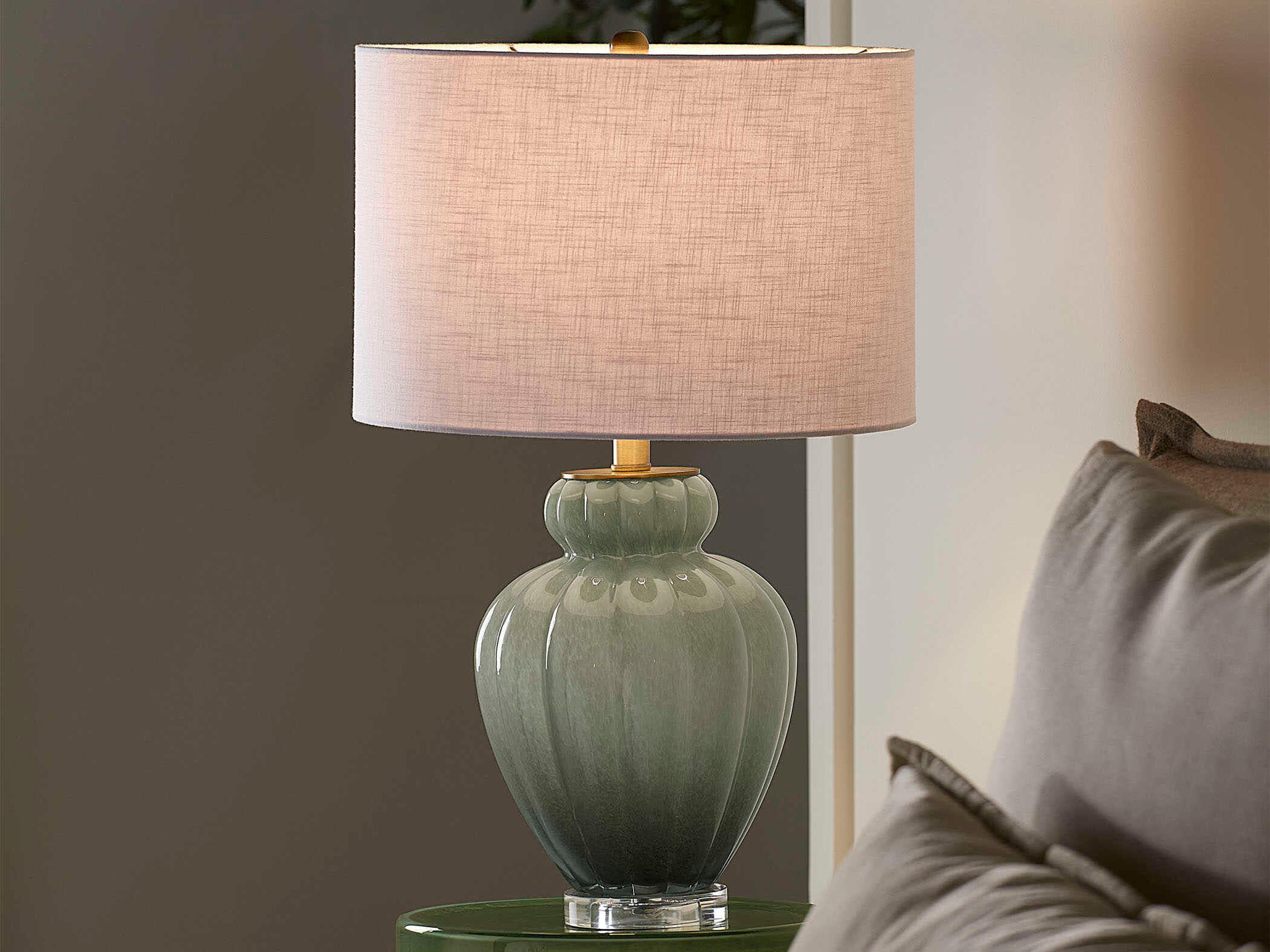 Jamie Young Agnes Celadon Drum White Linen Rolled Edge Green Table Lamp