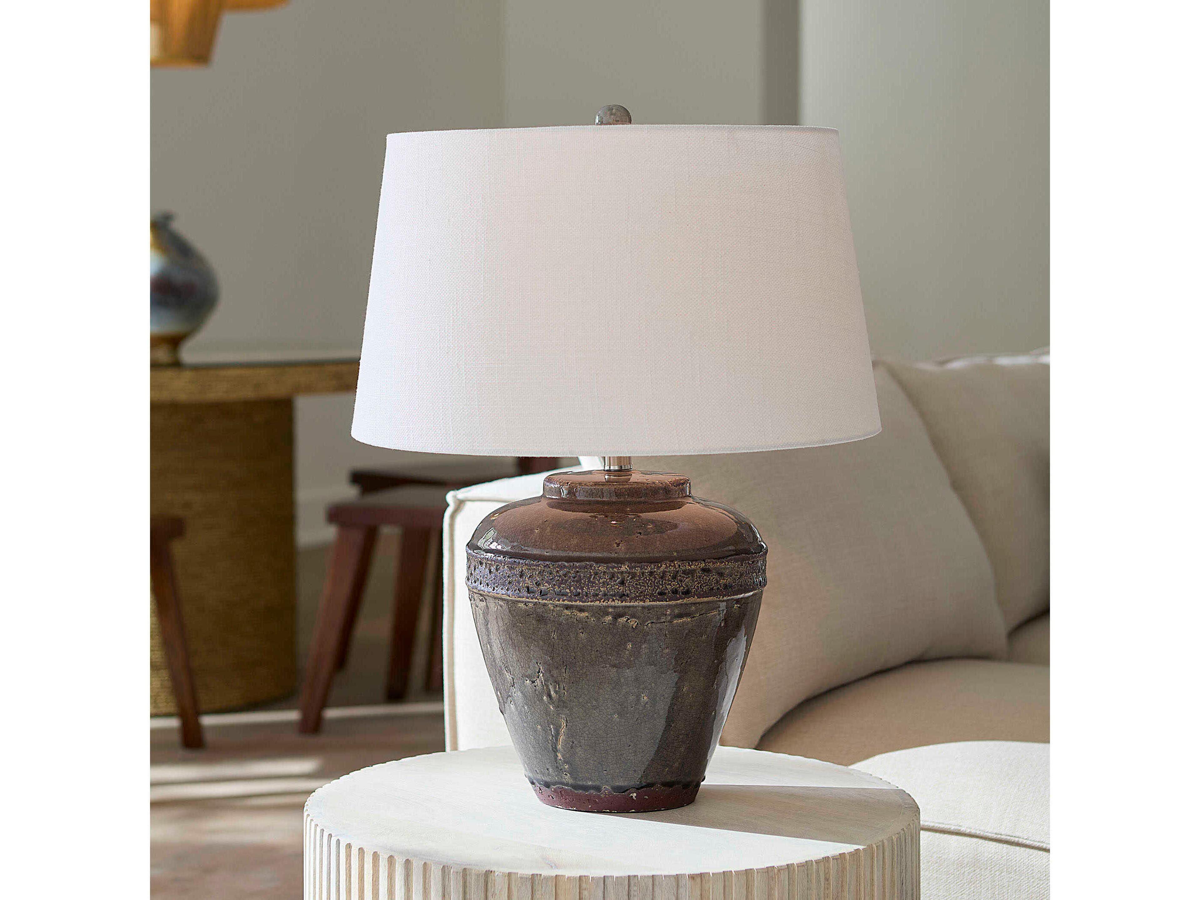 Jamie Young Avondale Grey Tapered Drum White Linen Rolled Edge Buffet Lamp