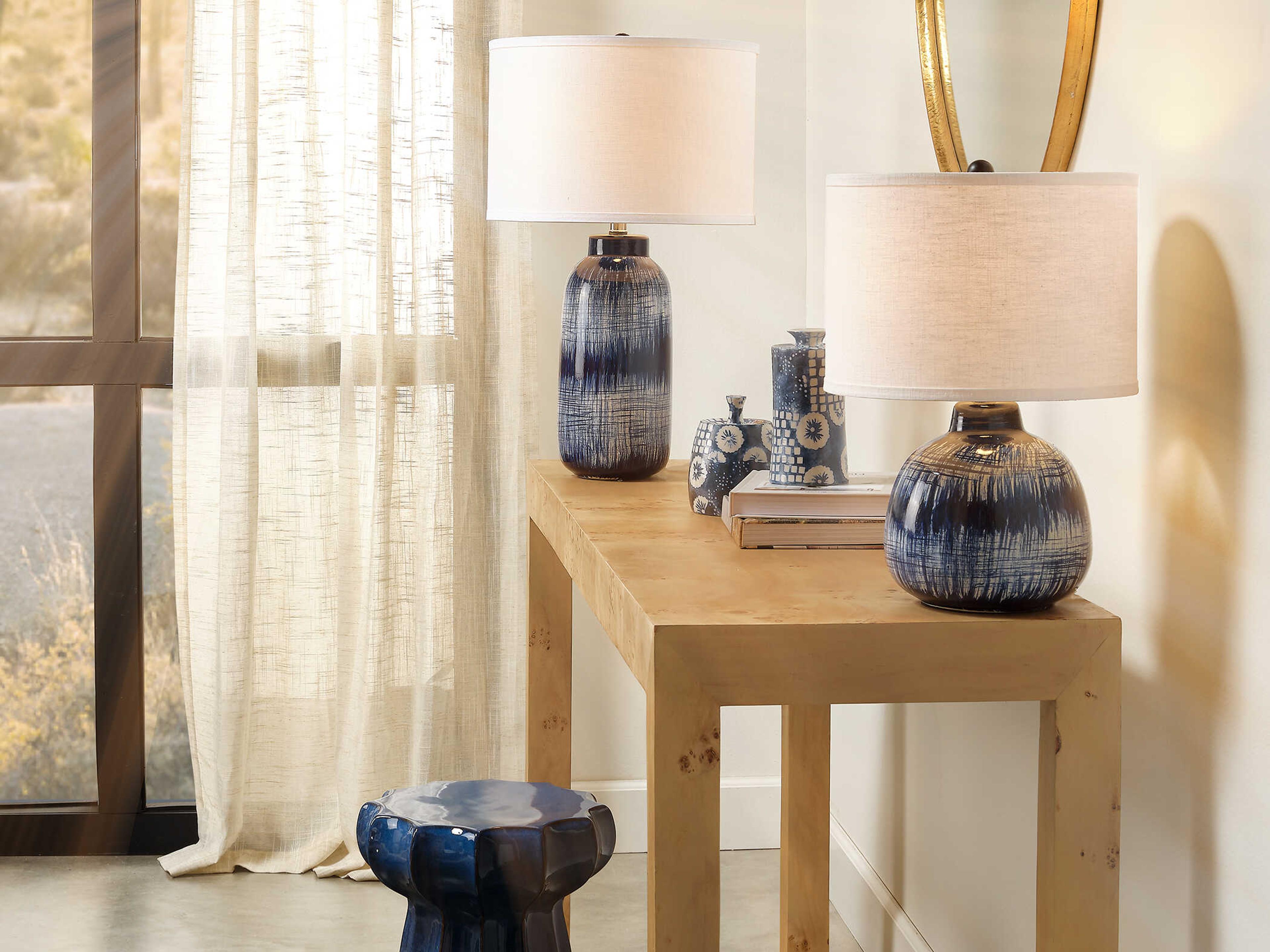 Jamie Young Batik Blue Linen White Drum Purple Buffet Lamp