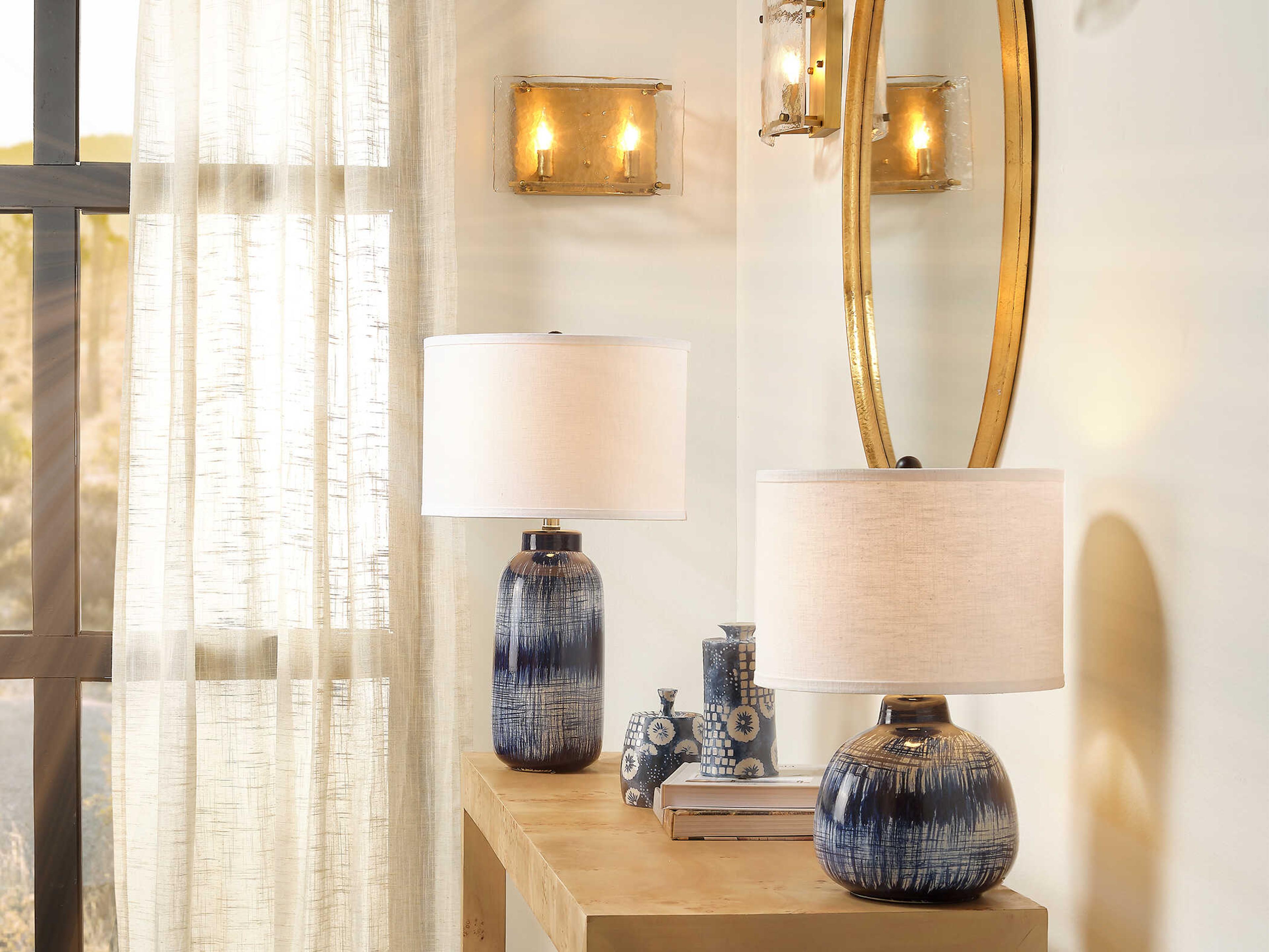 Jamie Young Batik Blue Linen White Drum Purple Table Lamp