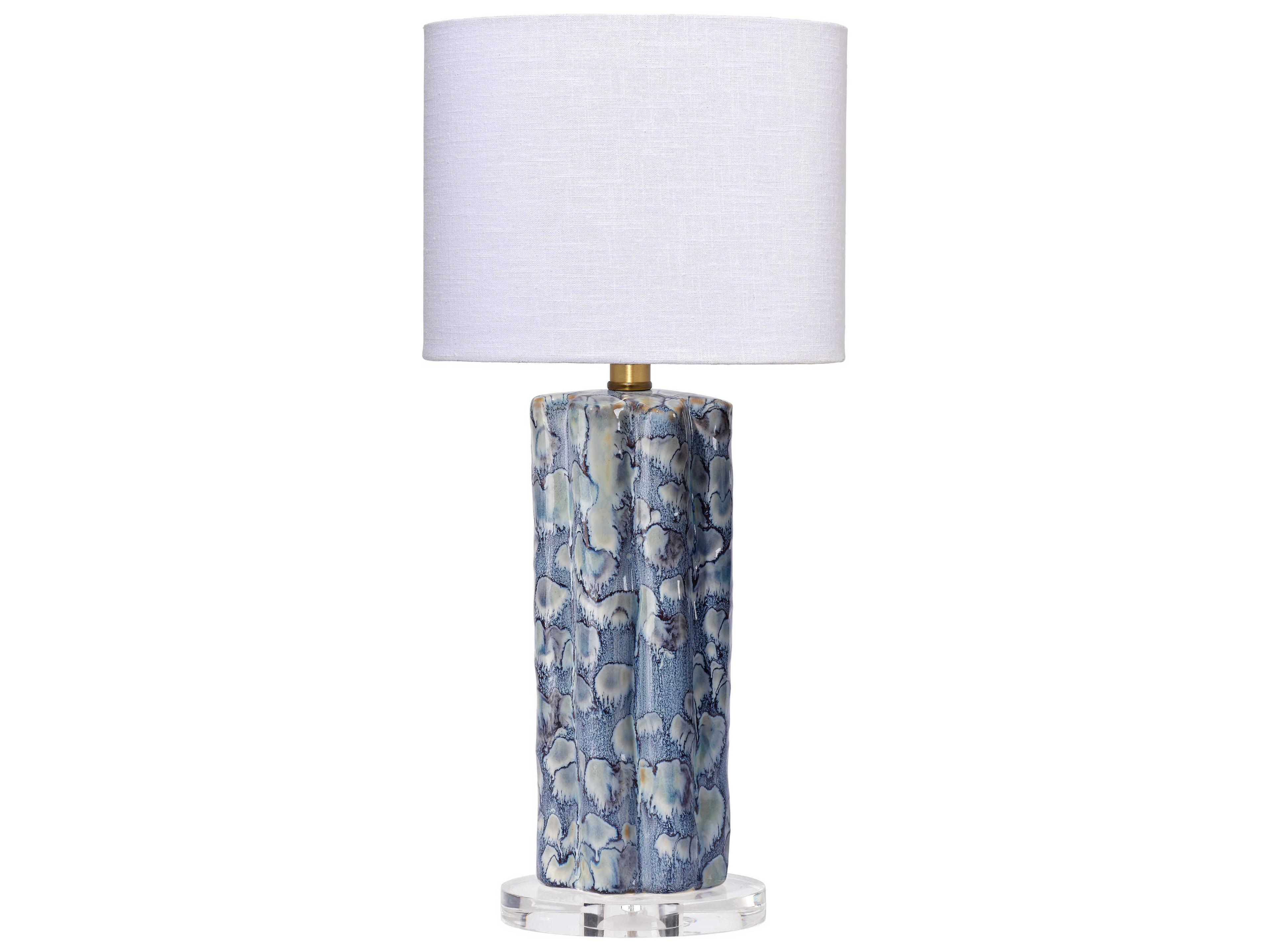 Small Blue Oval White Linen Rolled Edge Table Lamp