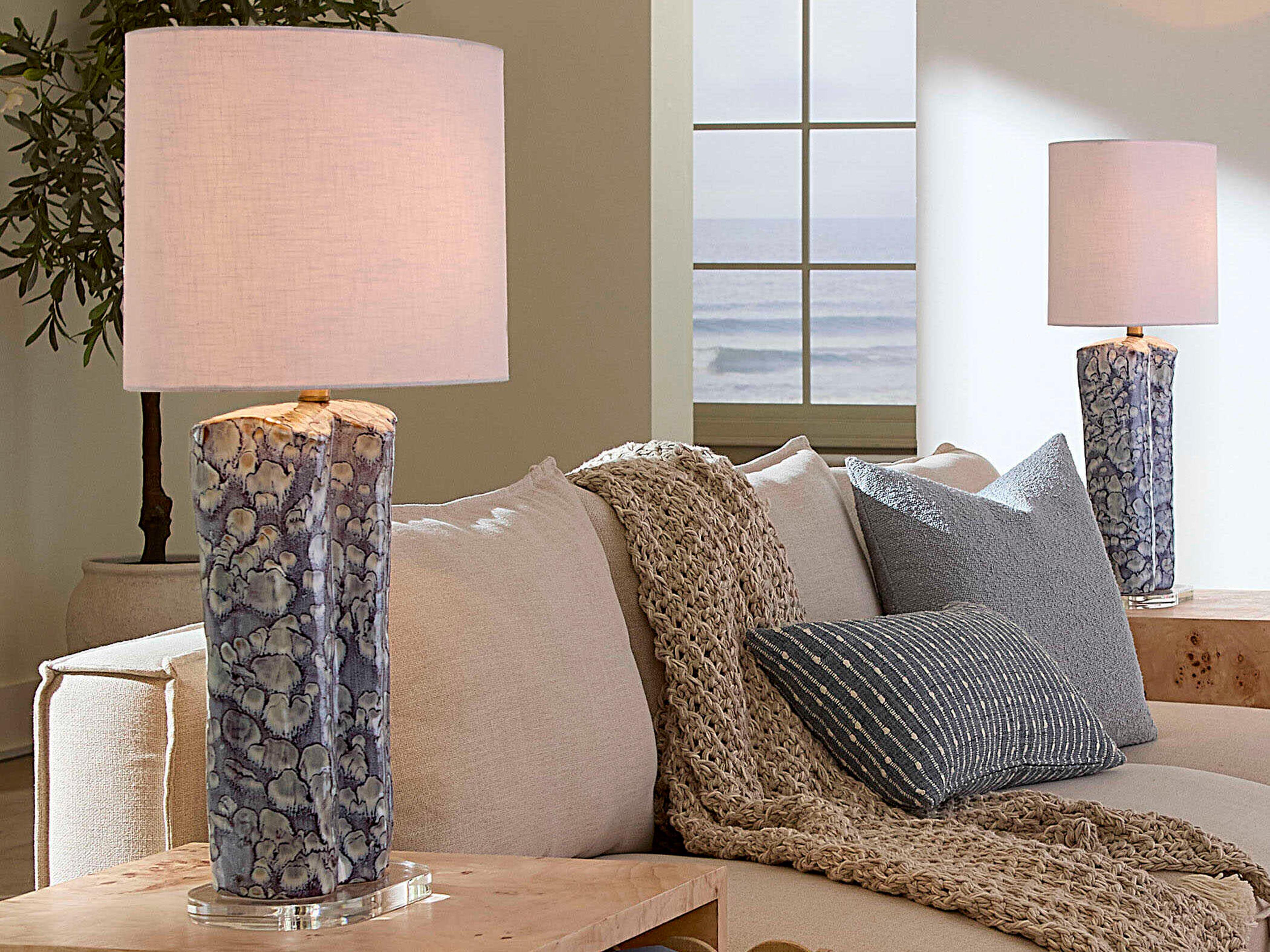 Jamie Young Small Blue Oval White Linen Rolled Edge Table Lamp