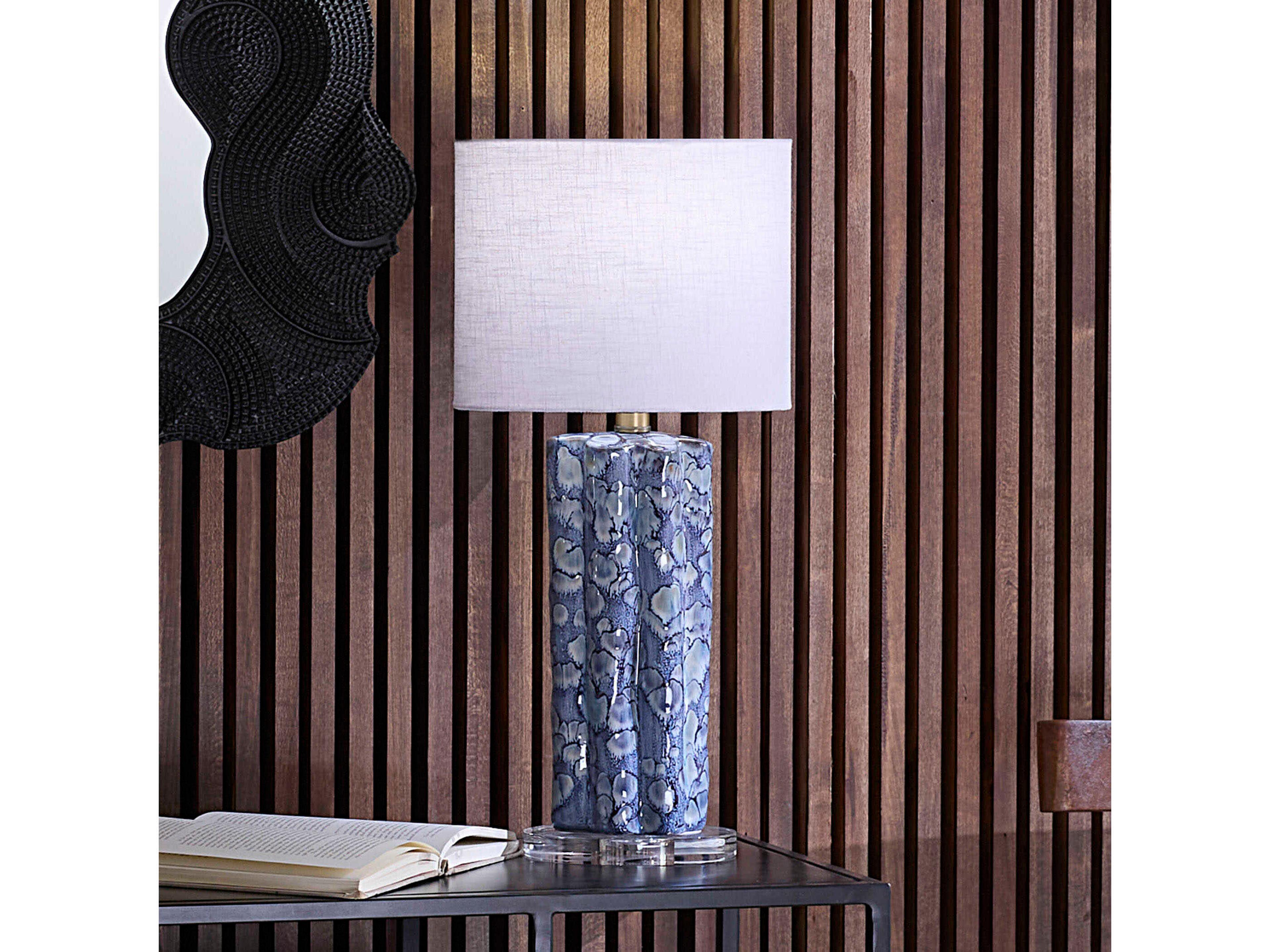 Jamie Young Small Blue Oval White Linen Rolled Edge Table Lamp