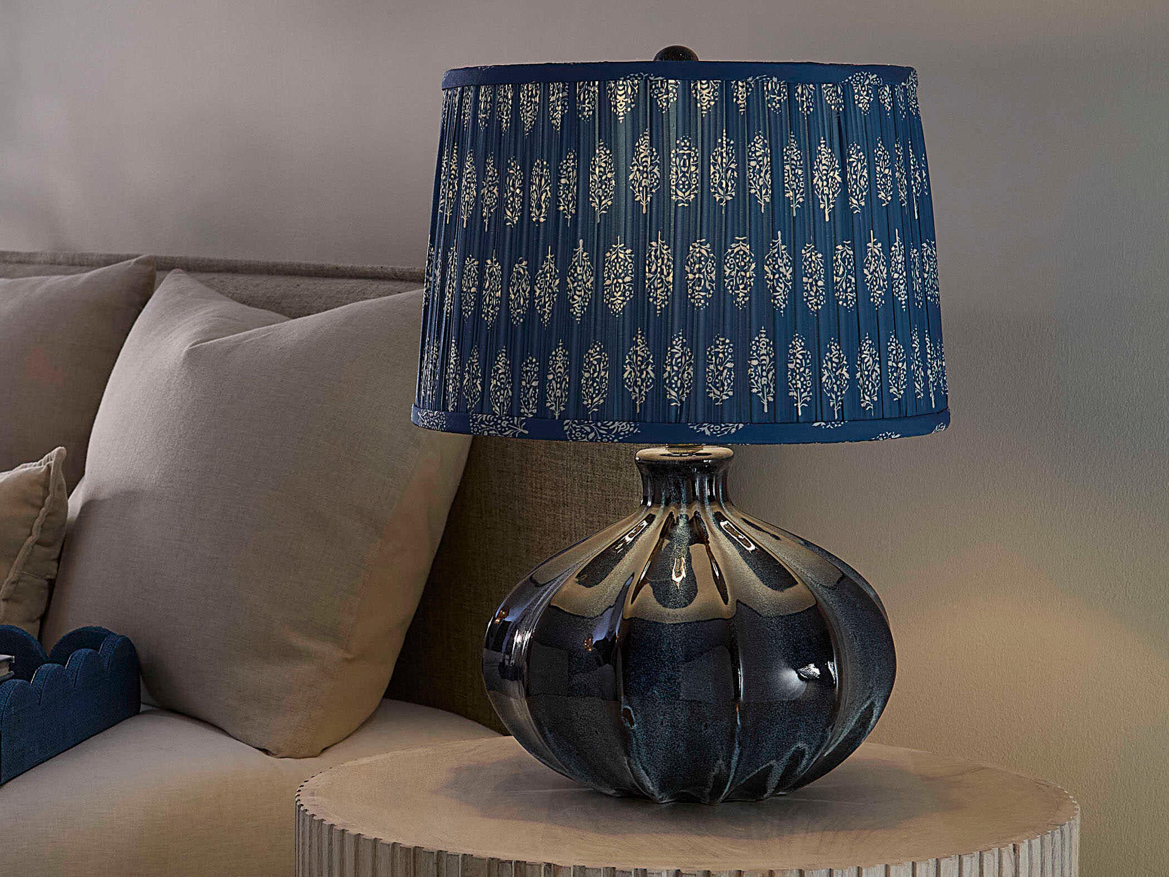 Jamie Young Hershey Reactive Deep Blue Glaze Open Cone Cotton With Trim Edge Table Lamp