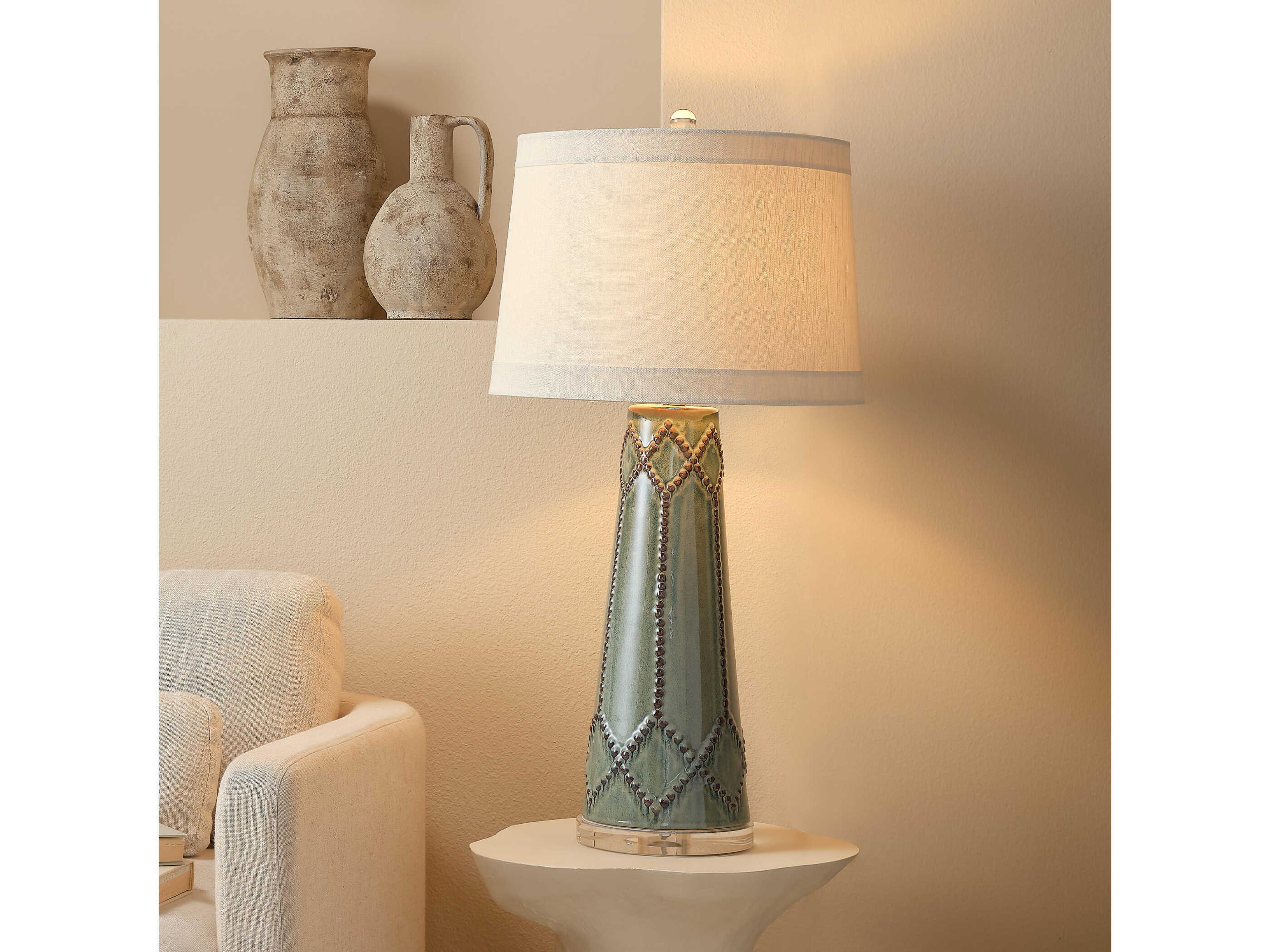 Jamie Young Hobnail Teal Off White Linen Tapered Green Buffet Lamp