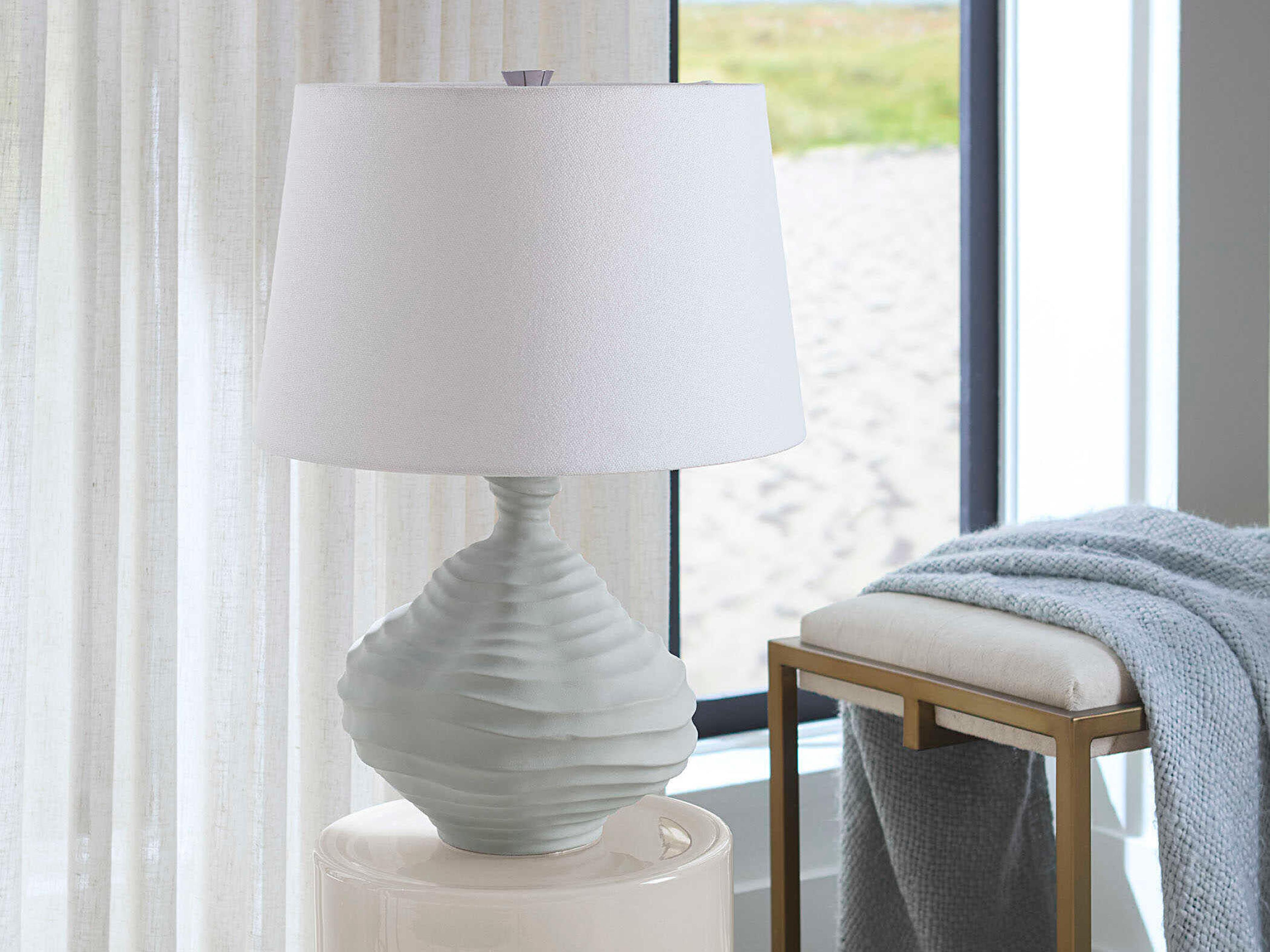 Jamie Young Oasis Matte Light Blue Tapered Drum White Linen Rolled Edge Table Lamp