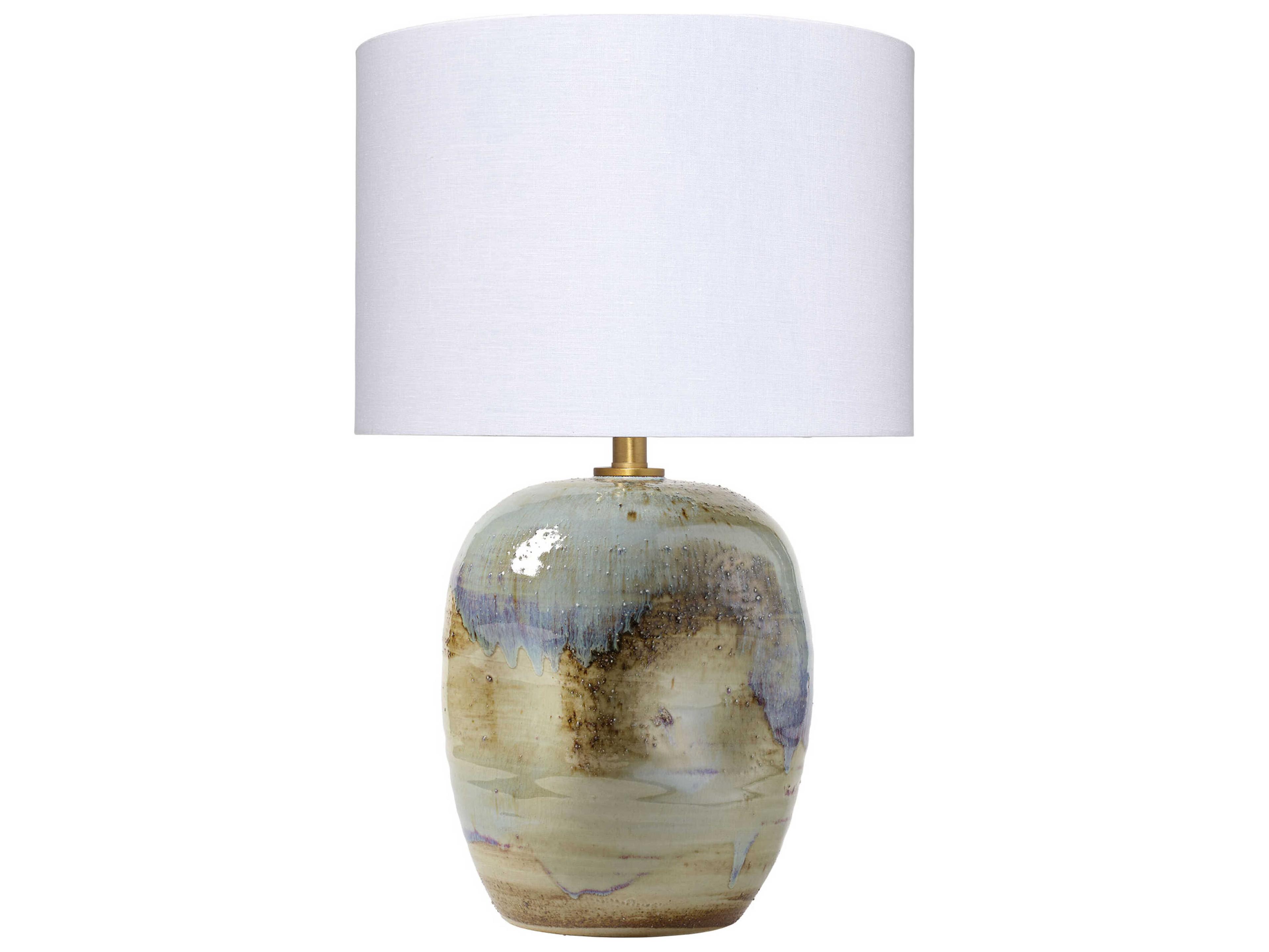 Jamie Young Salvador Blue Natural Purple Drum White Linen Rolled Edge Buffet Lamp