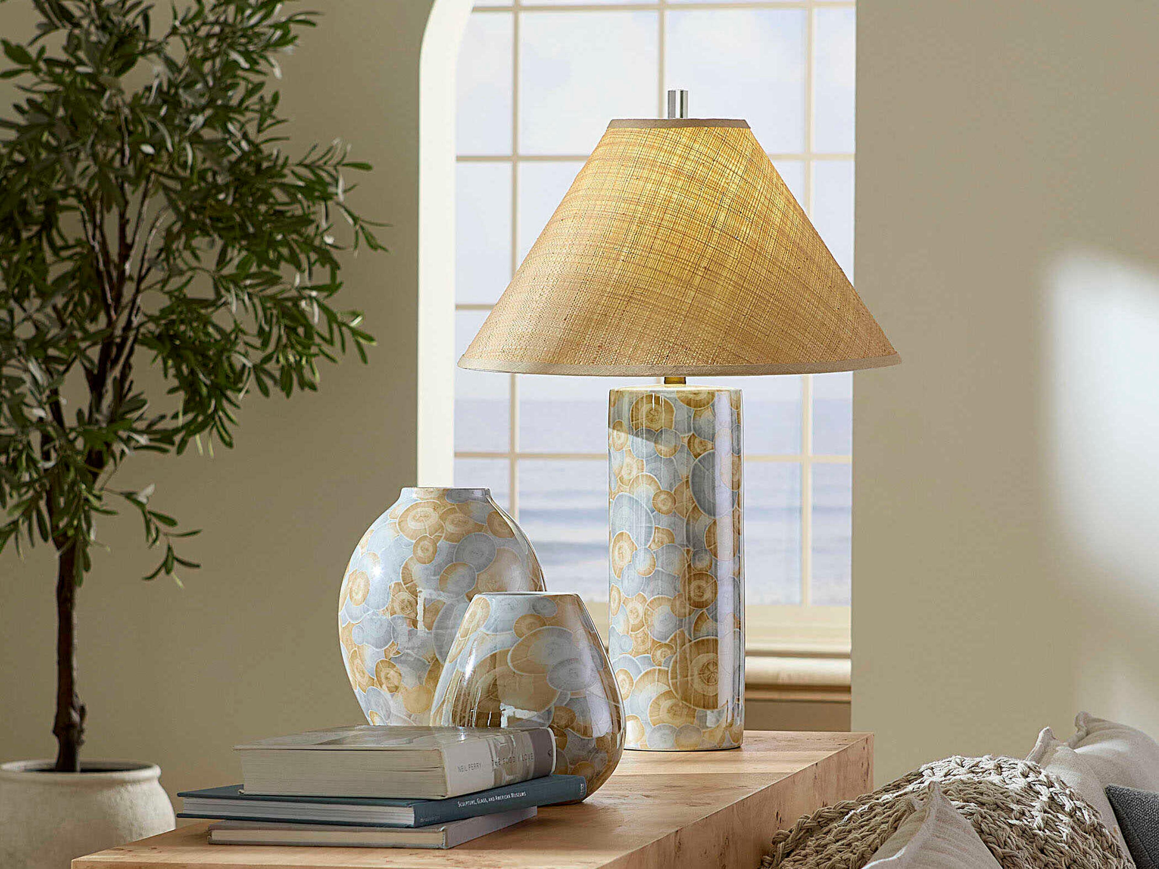 Jamie Young Serene Blue Cone Raffia Trim Buffet Lamp