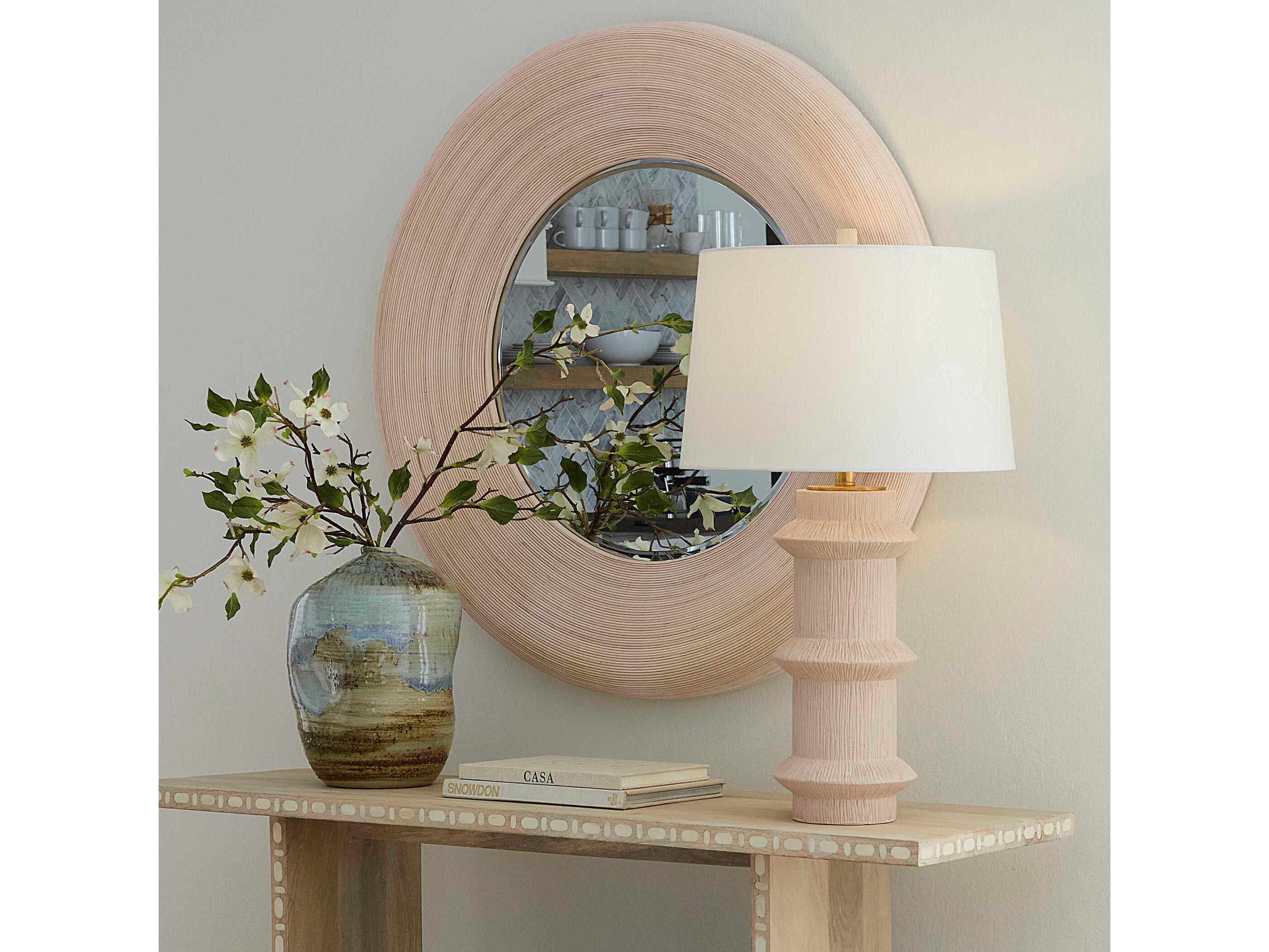 Jamie Young Trousdale Textured Cream Tapered Drum White Linen Rolled Edge Off Buffet Lamp