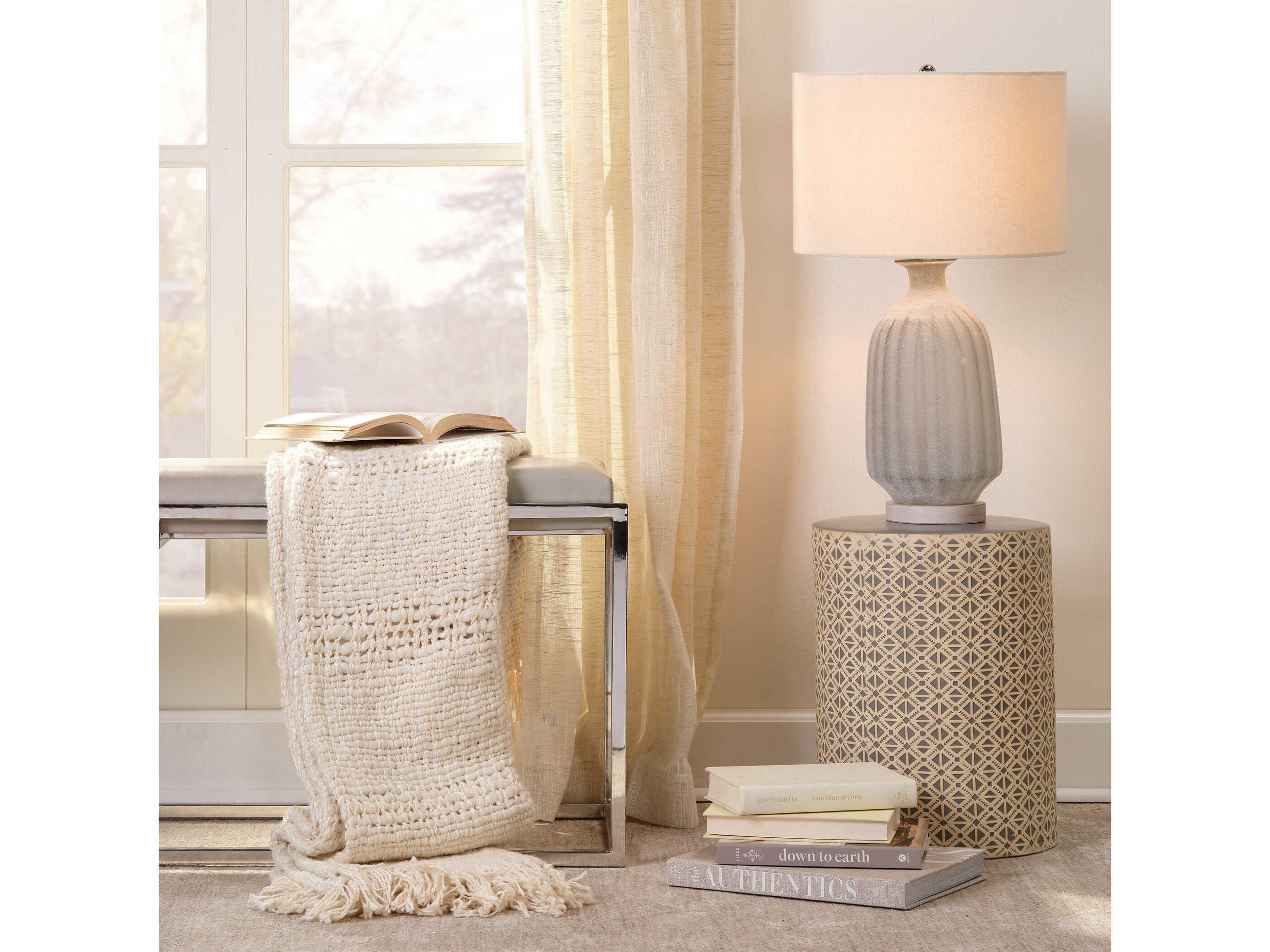 Jamie Young Frosted Glass Grey Linen Cream Drum Buffet Lamp