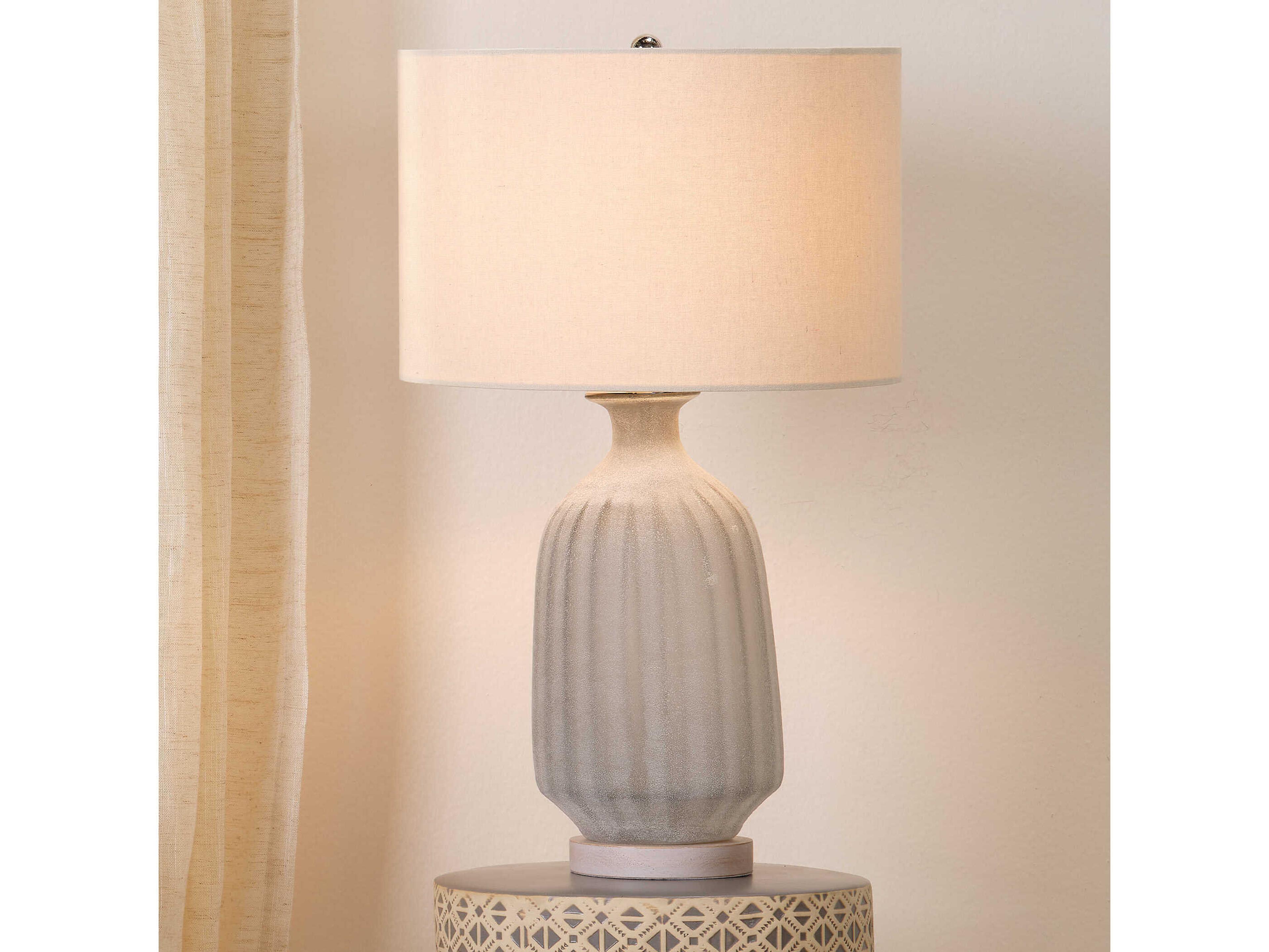 Jamie Young Frosted Glass Grey Linen Cream Drum Buffet Lamp
