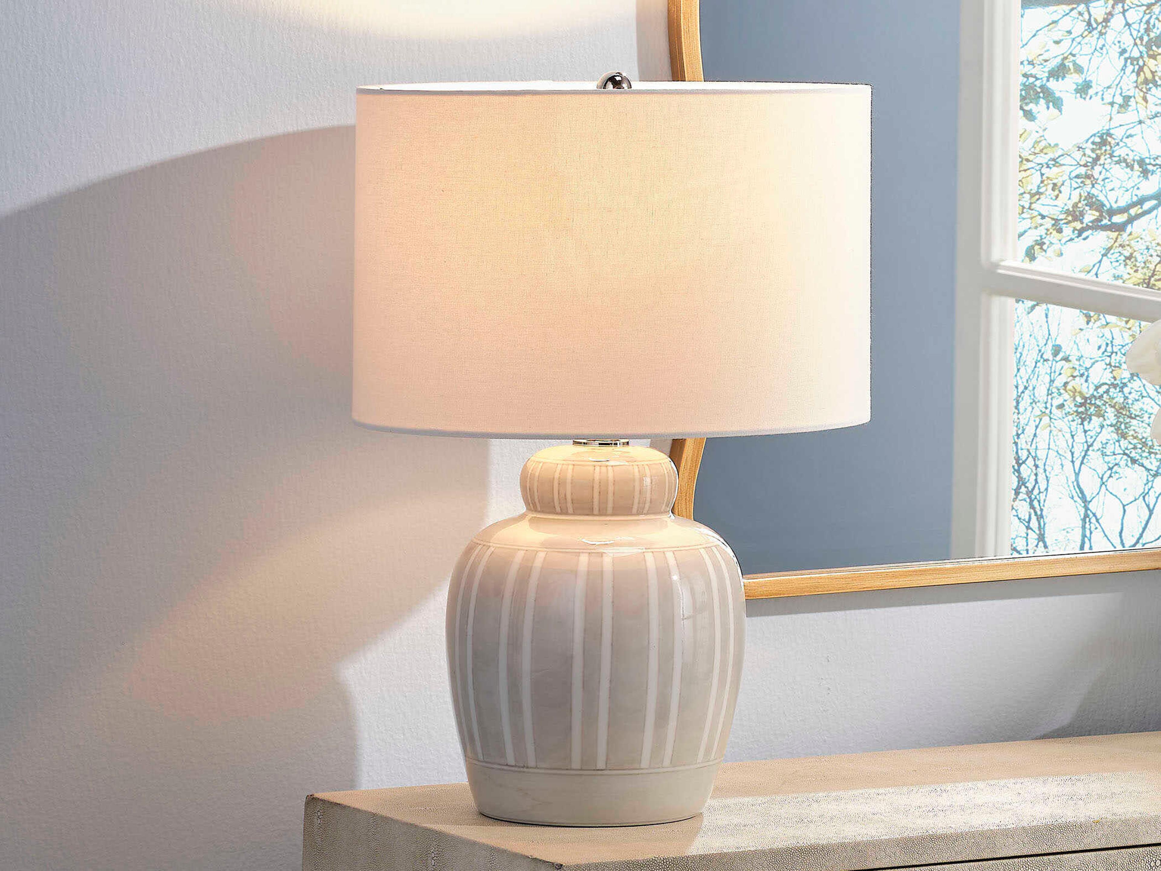 Jamie Young Arthur Light Grey White Cream Linen Table Lamp