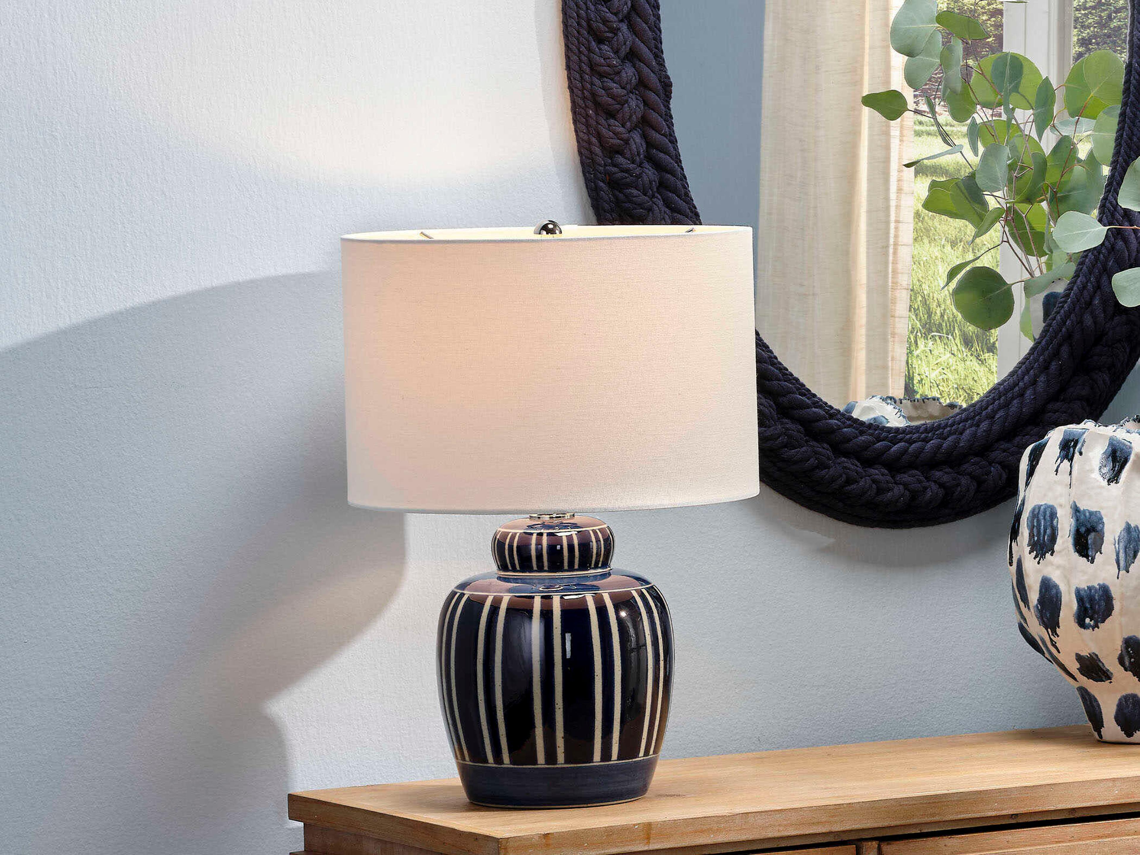 Jamie Young Arthur Navy Blue White Cream Linen Table Lamp