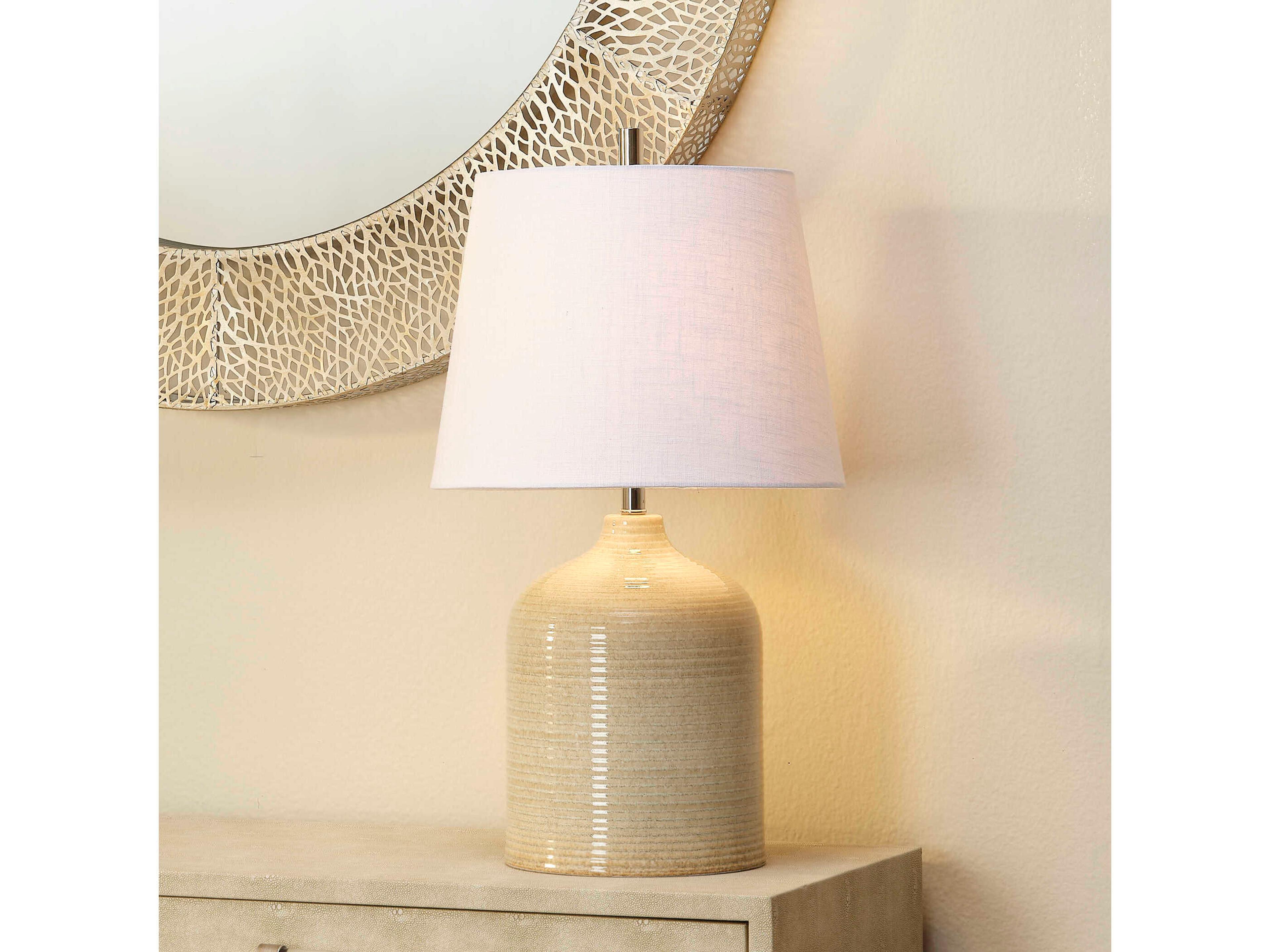 Jamie Young Au Taupe White Linen Cone Rolled Edge Off Table Lamp