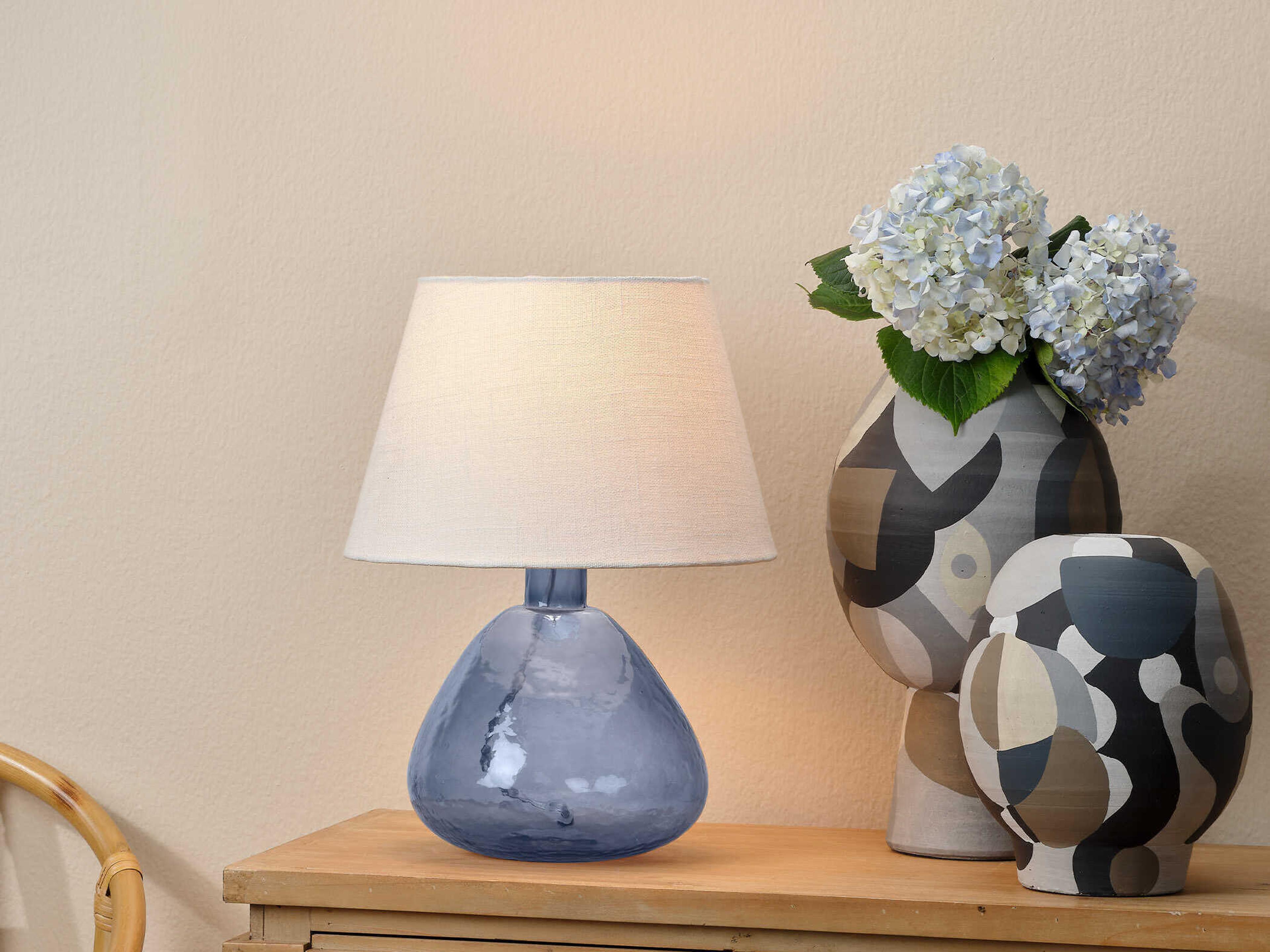 Jamie Young Demi Blue Off White Linen Tapered Rolled Edge Table Lamp