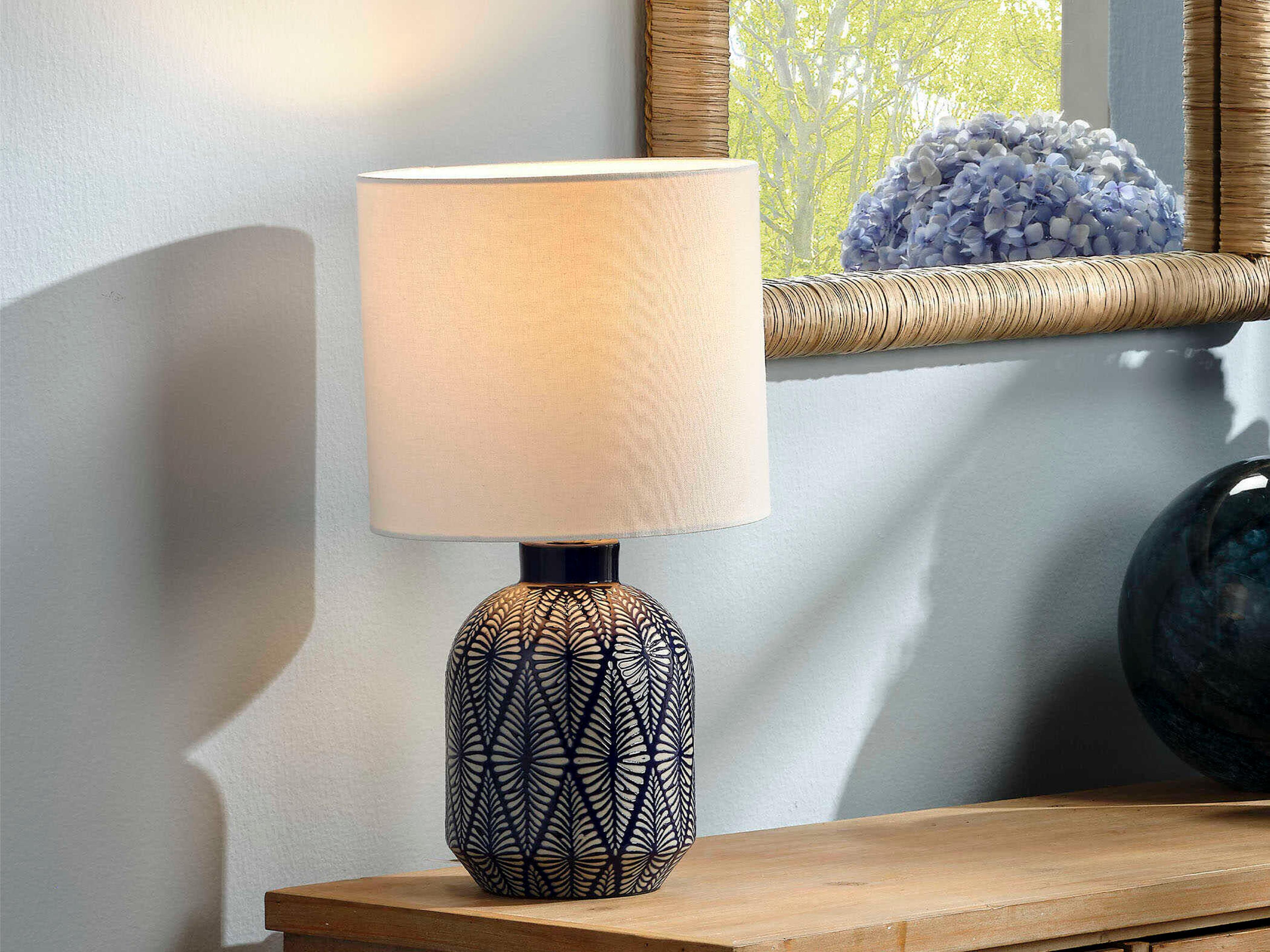 Jamie Young Highland Blue Cream Linen Drum Rolled Edge Table Lamp