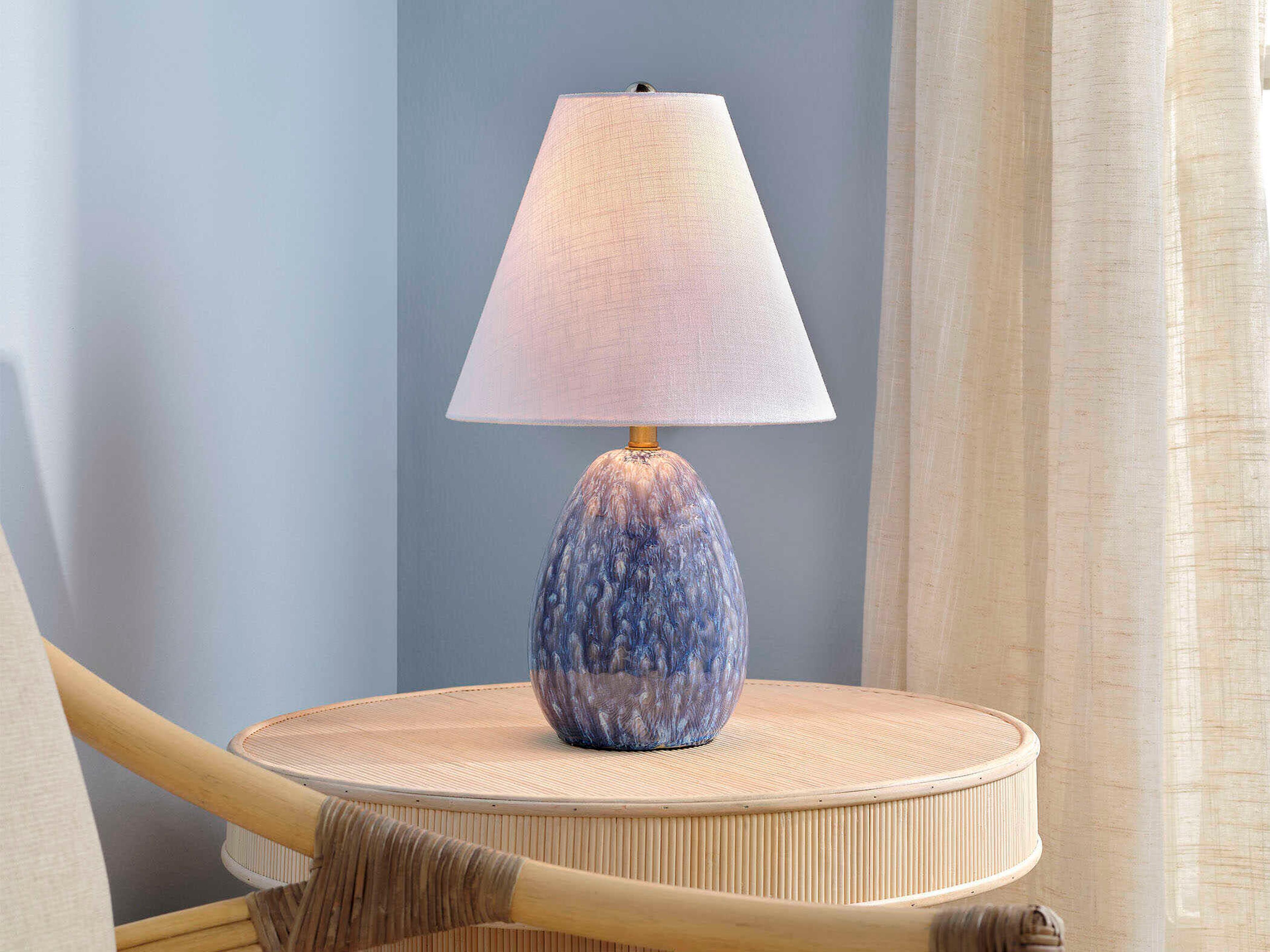 Jamie Young Raindrop Reactive Blue Glaze White Linen Table Lamp