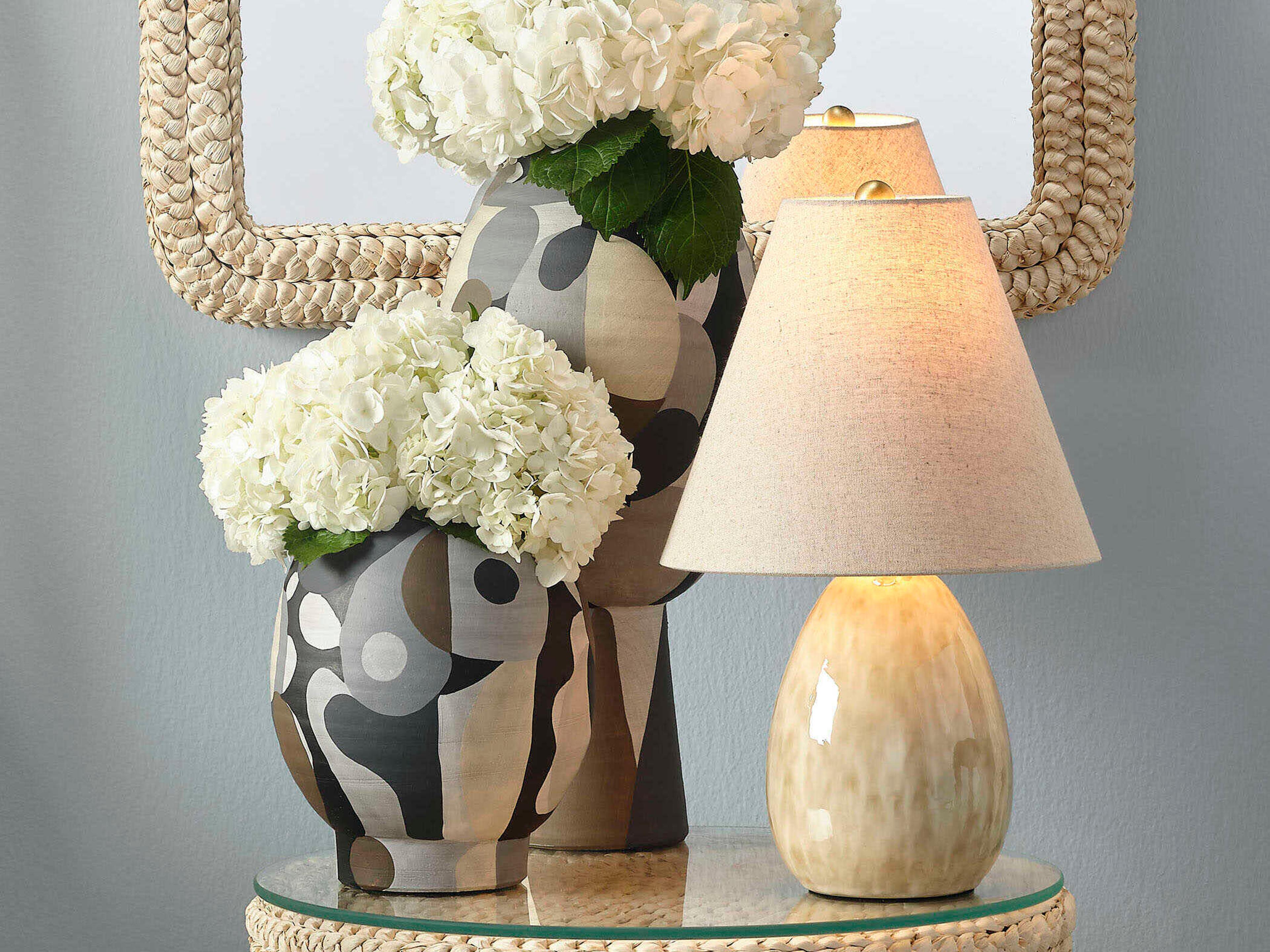 Jamie Young Raindrop Reactive Light Brown Glaze Natural Linen Off White Table Lamp