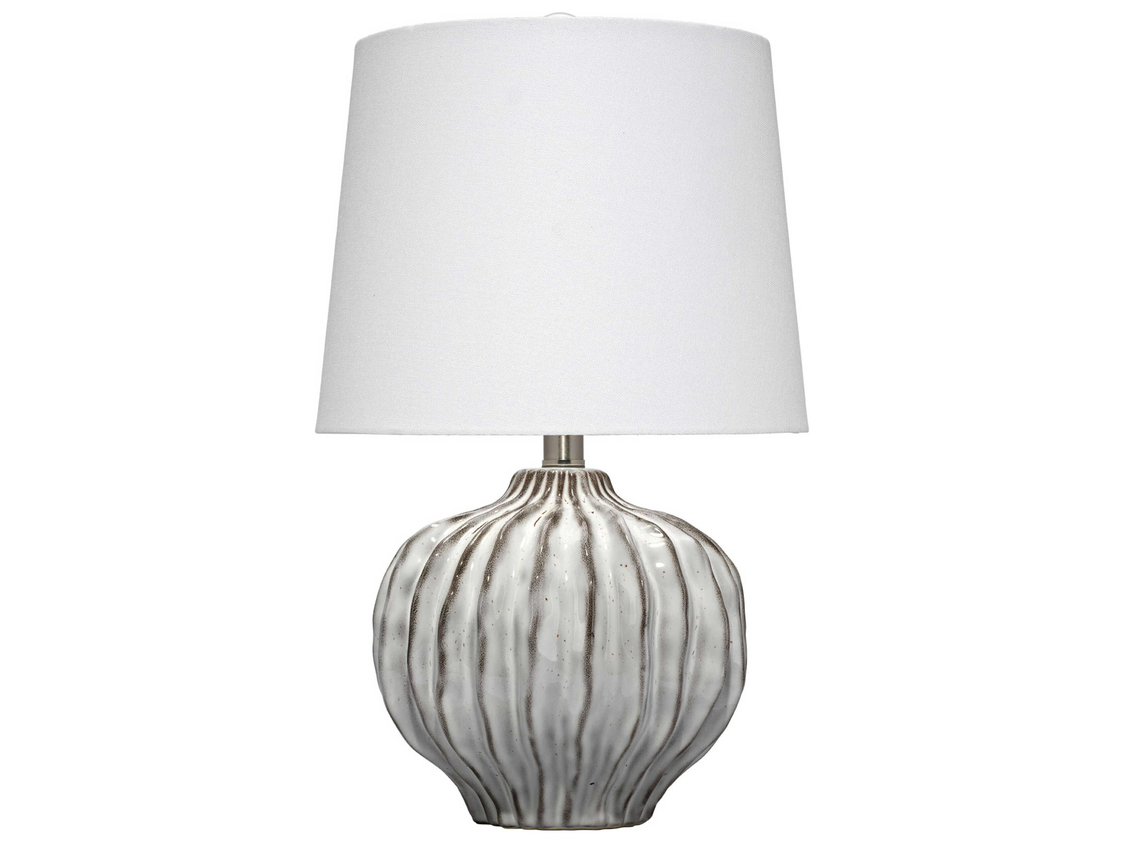 Jamie Young Reef Reactive Grey Glaze Off White Linen Tapered Drum Rolled Edge Table Lamp