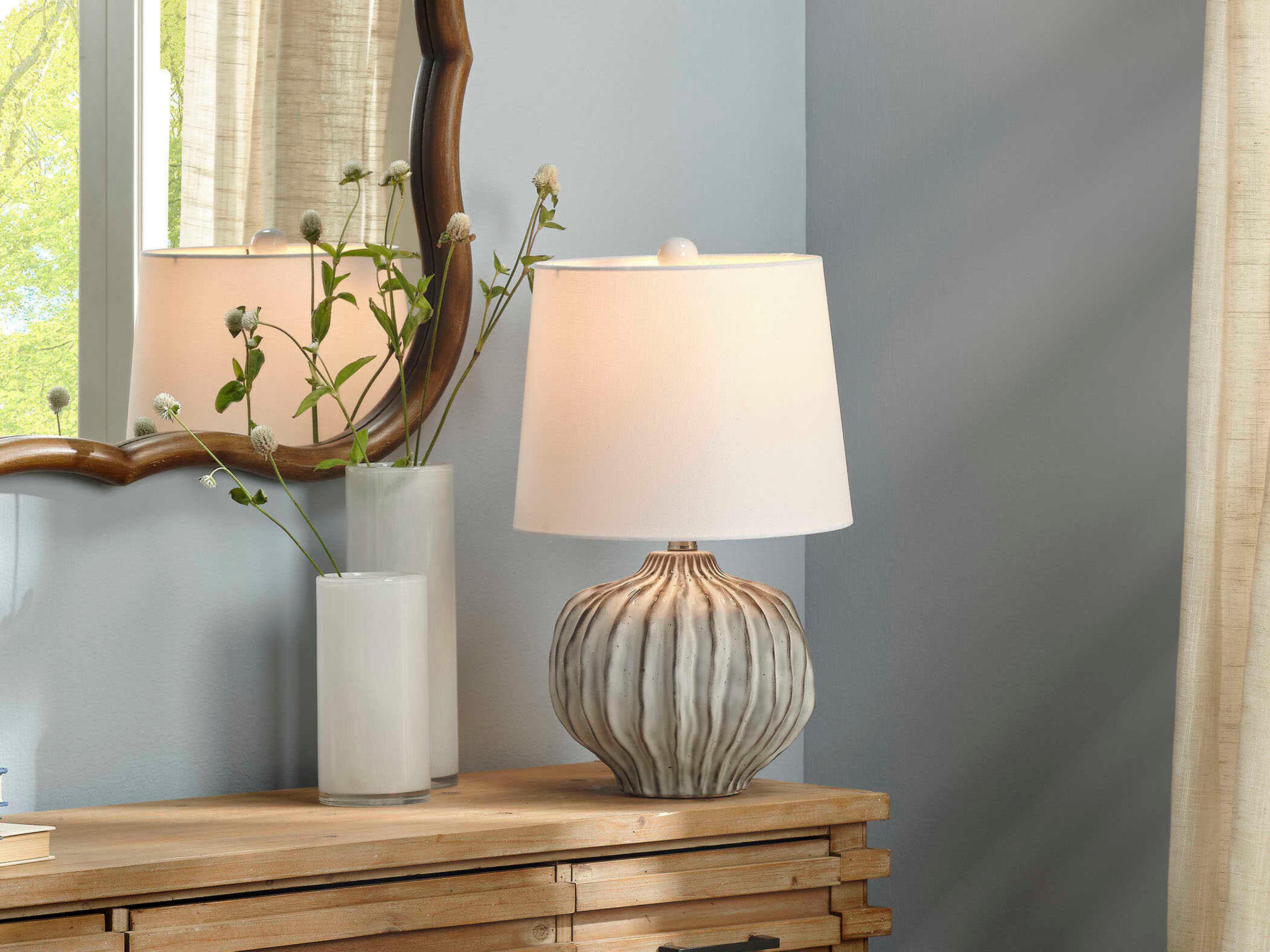 Jamie Young Reef Reactive Grey Glaze Off White Linen Tapered Drum Rolled Edge Table Lamp