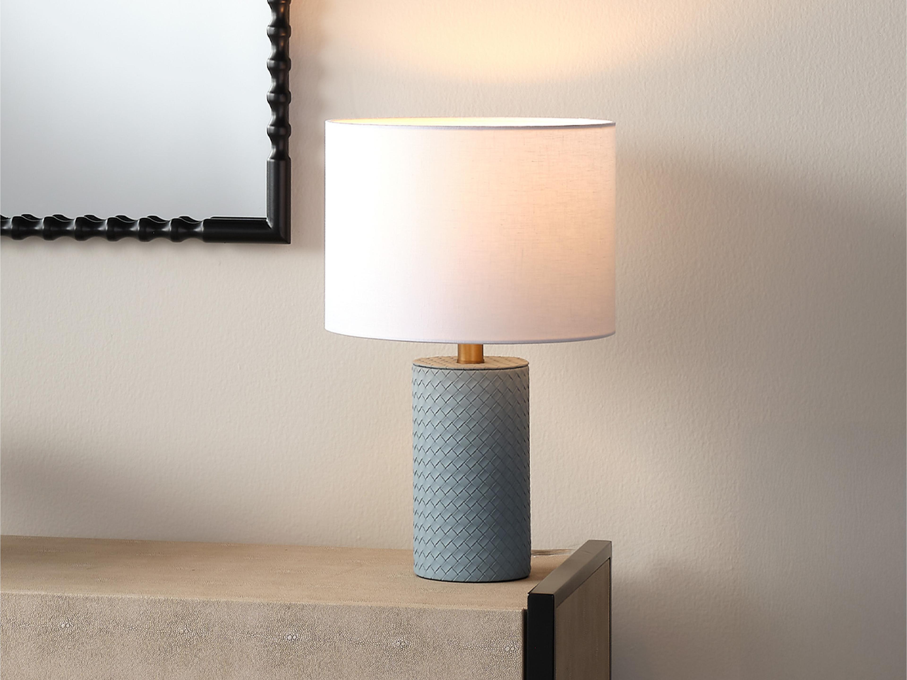 Jamie Young Roman Blue White Linen Drum Rolled Edge Table Lamp