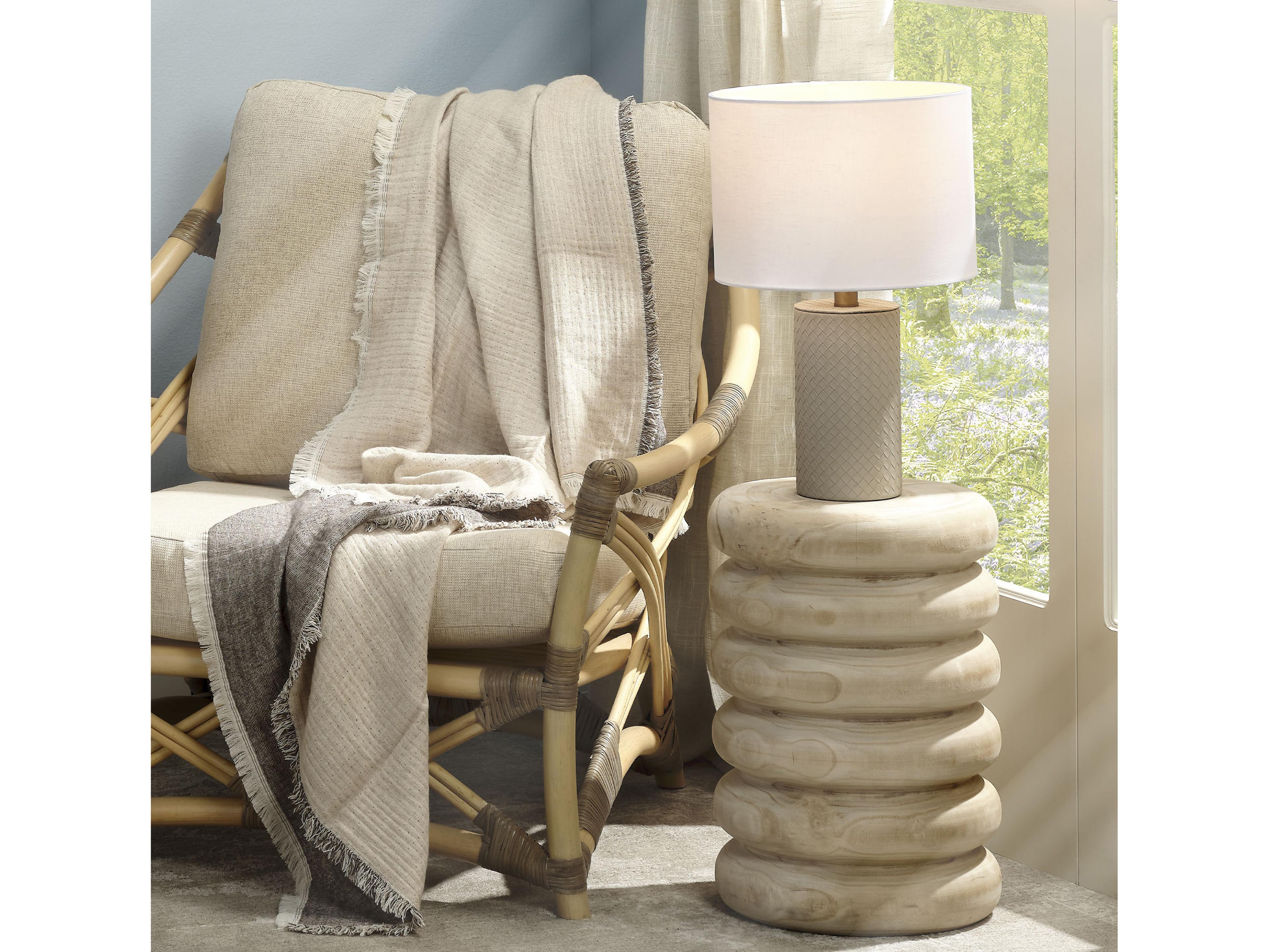 Jamie Young Roman Grey White Linen Drum Rolled Edge Table Lamp