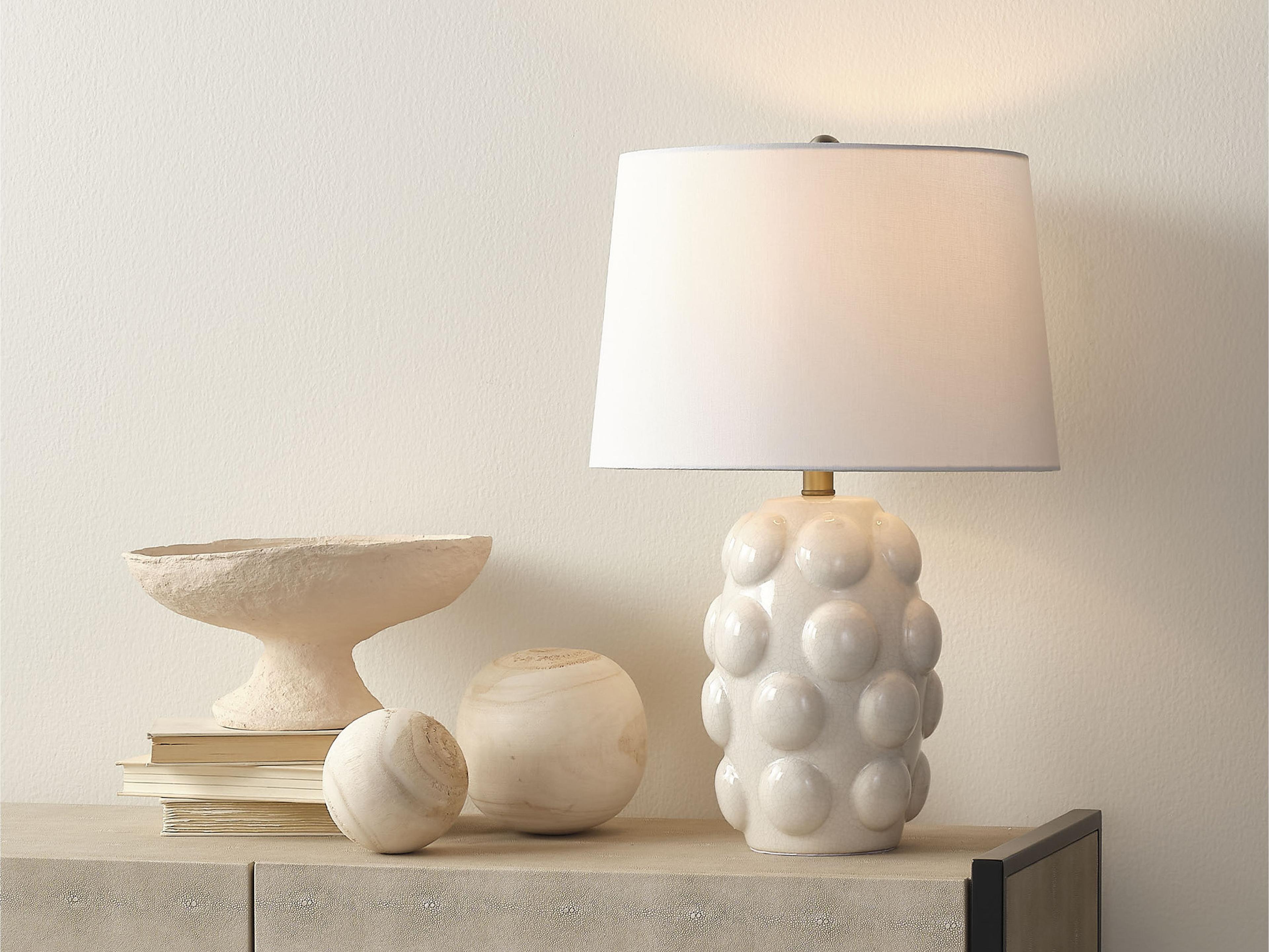 Jamie Young Silas Cream White Linen Tapered Drum Rolled Edge Table Lamp