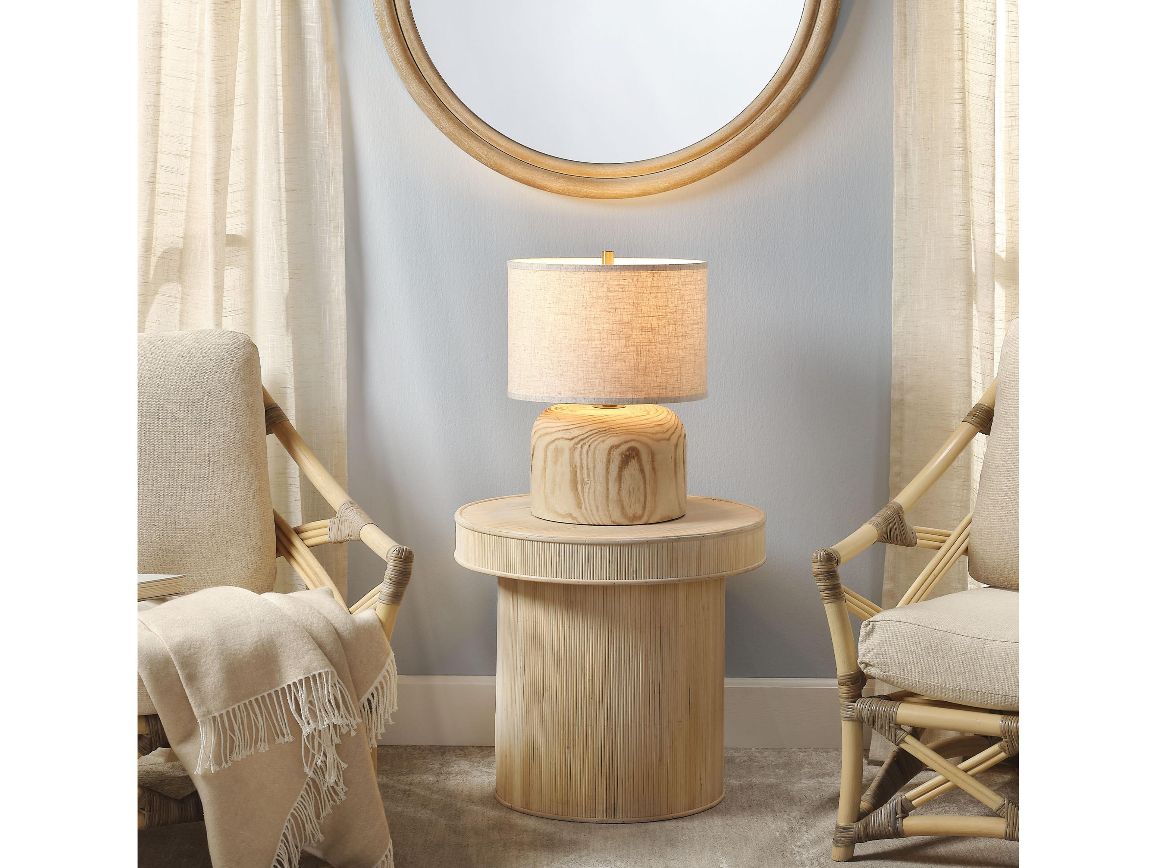 Jamie Young Timber Natural Oat Linen Drum Trim Edge Brown Table Lamp