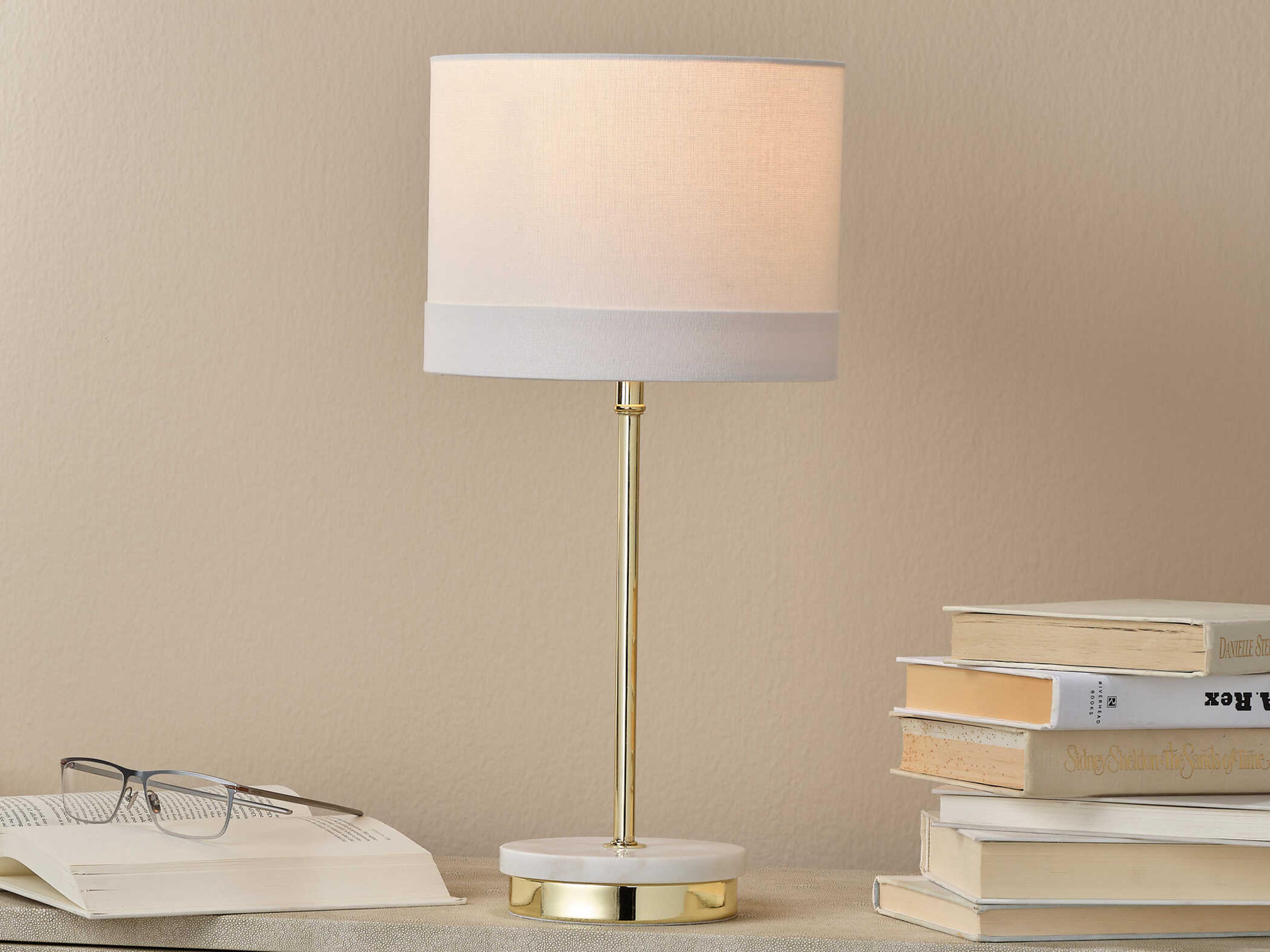 Jamie Young Grace Antique Brass Linen White Drum Table Lamp