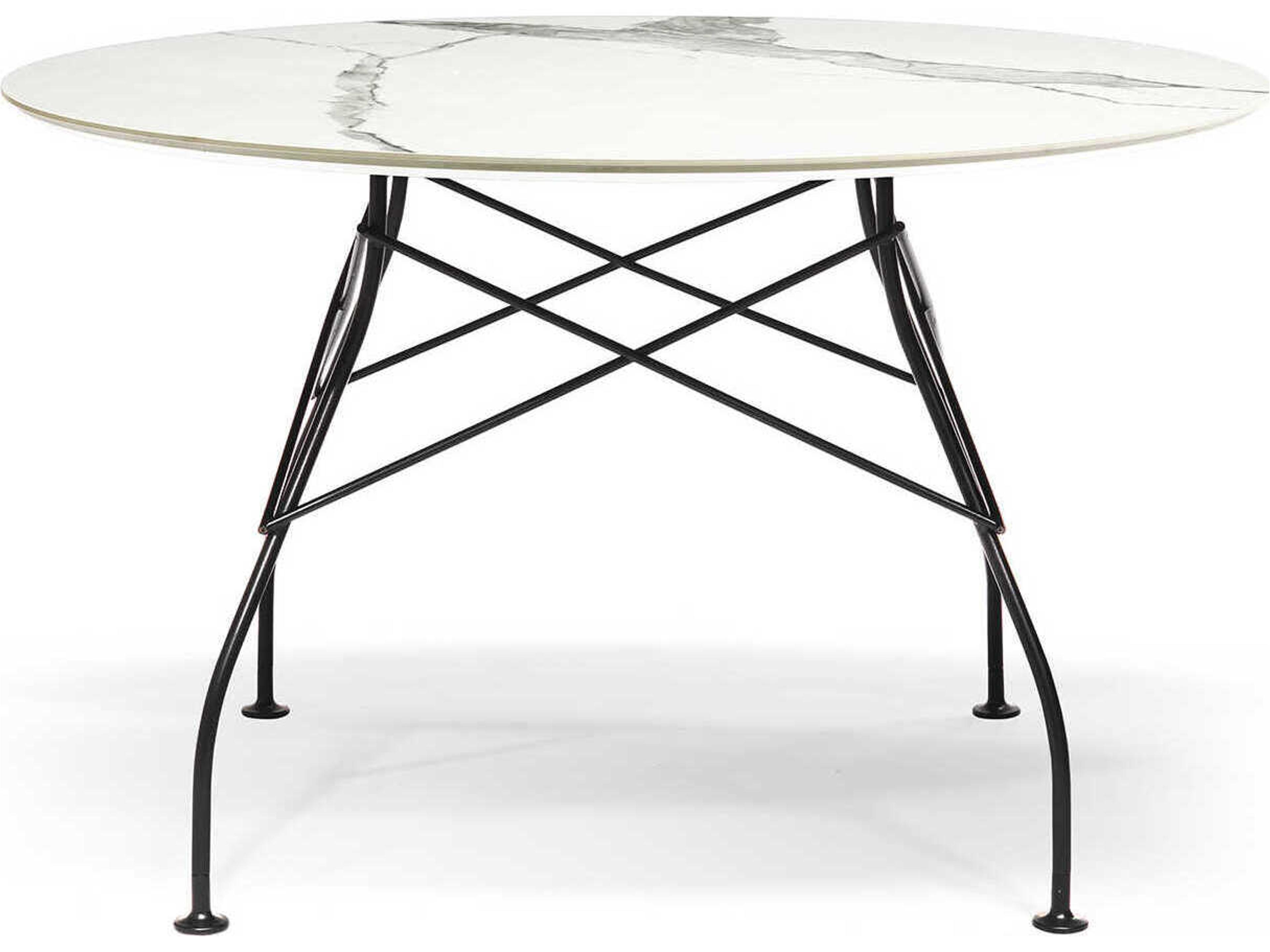 Glossy Round Stone White Marble Black Dining Table