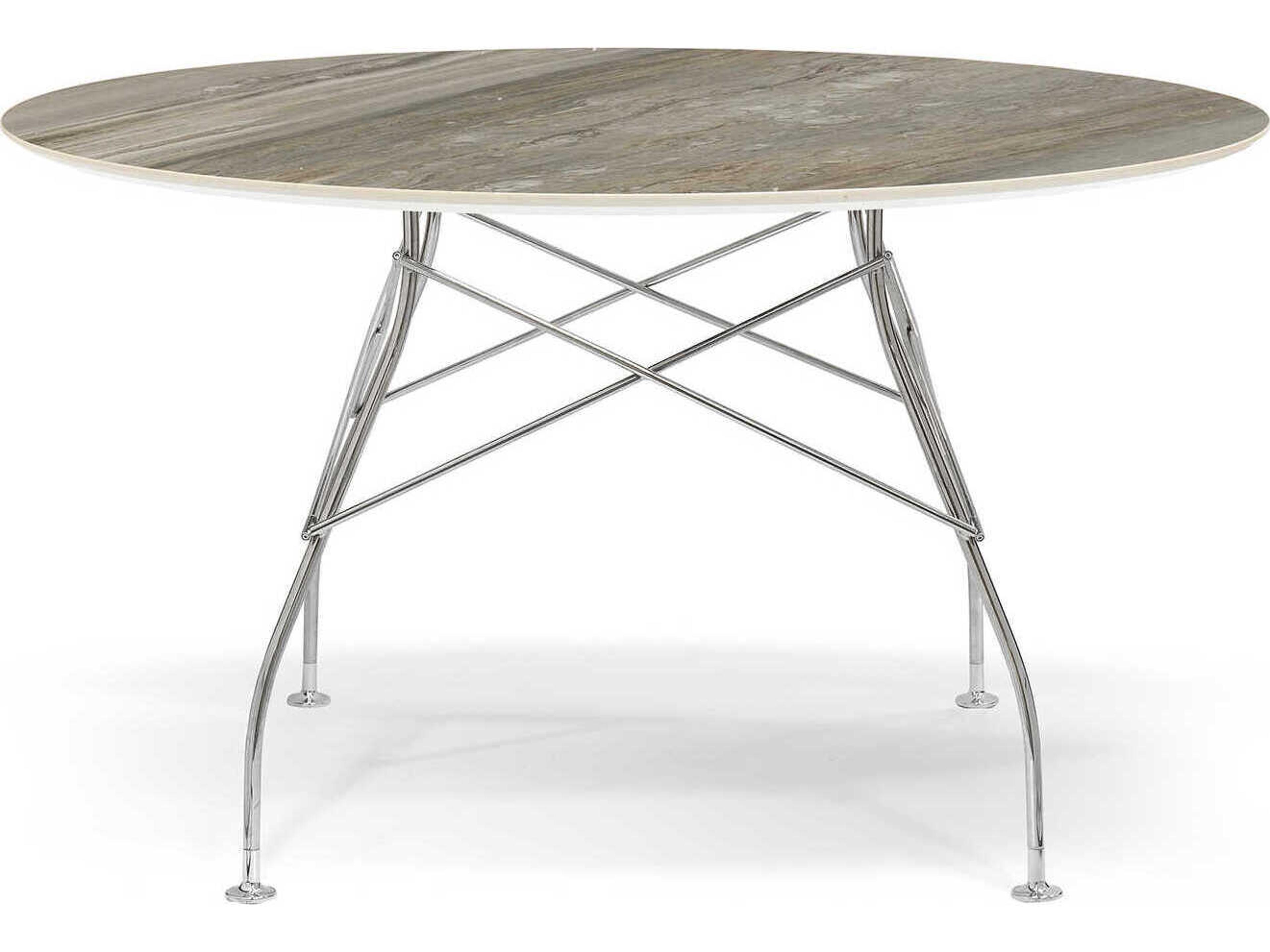 Glossy Round Stone Marble Gray Chrome Dining Table