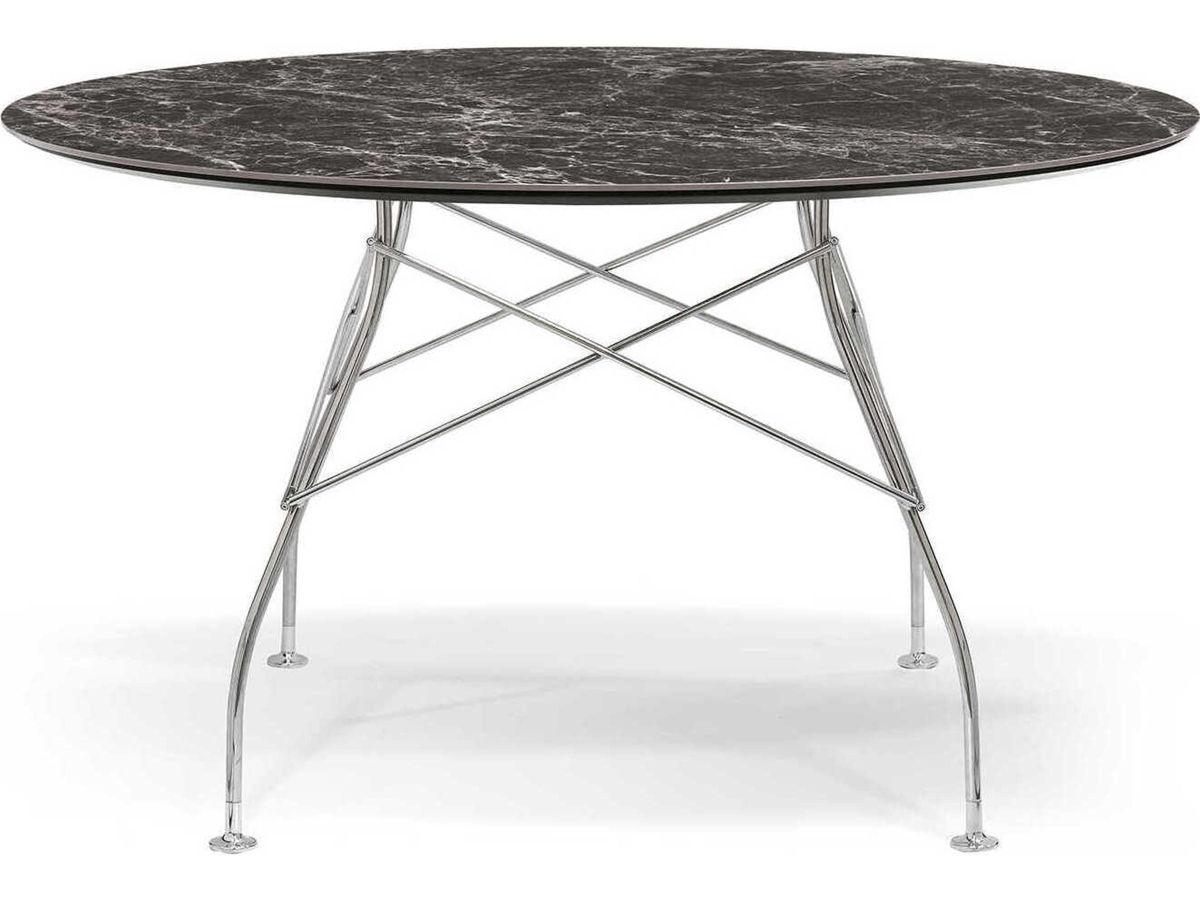 Glossy Round Stone Marble Brown Emperador Chrome Dining Table