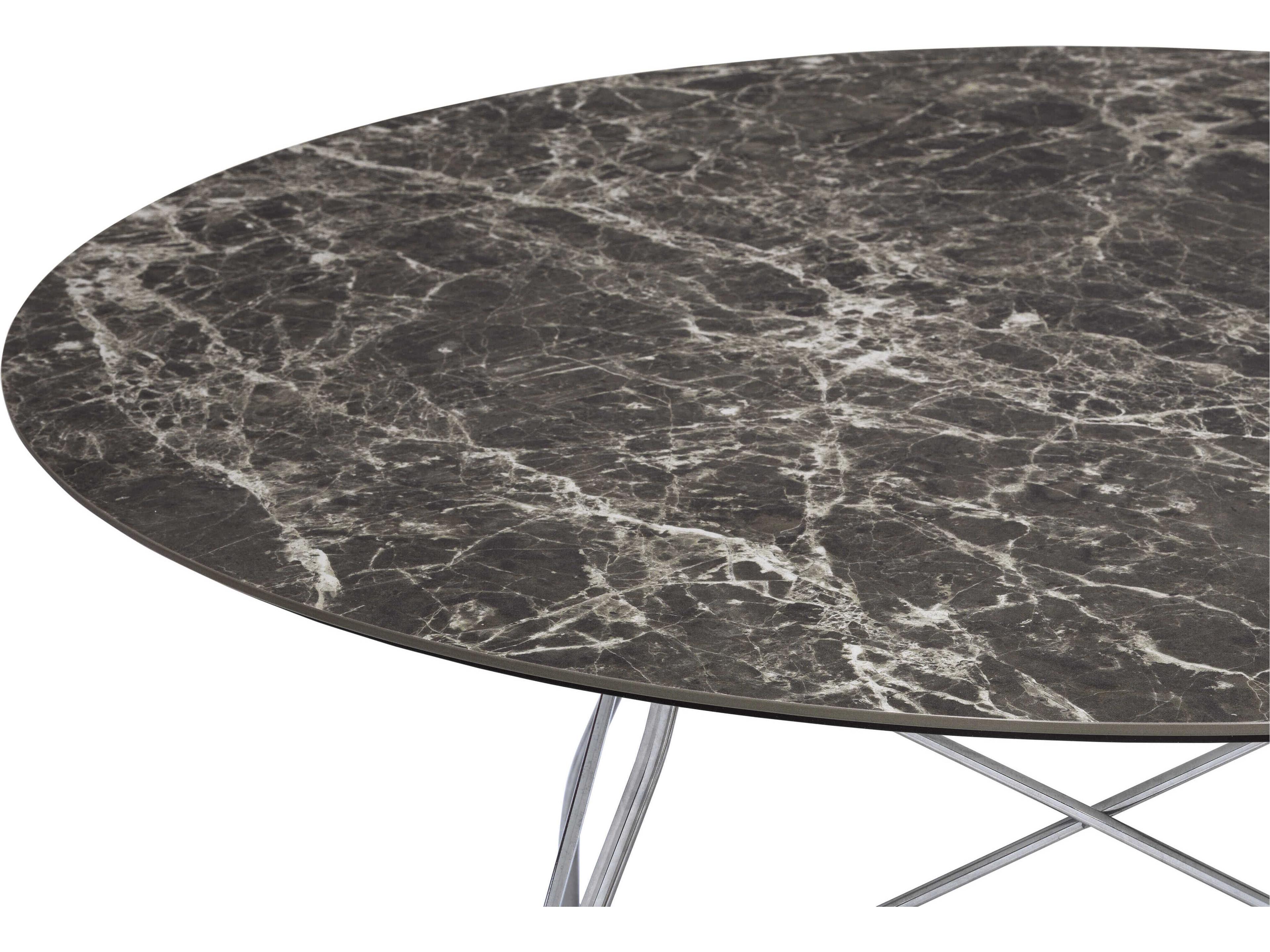 Kartell Glossy Round Stone Marble Brown Emperador Chrome Dining Table