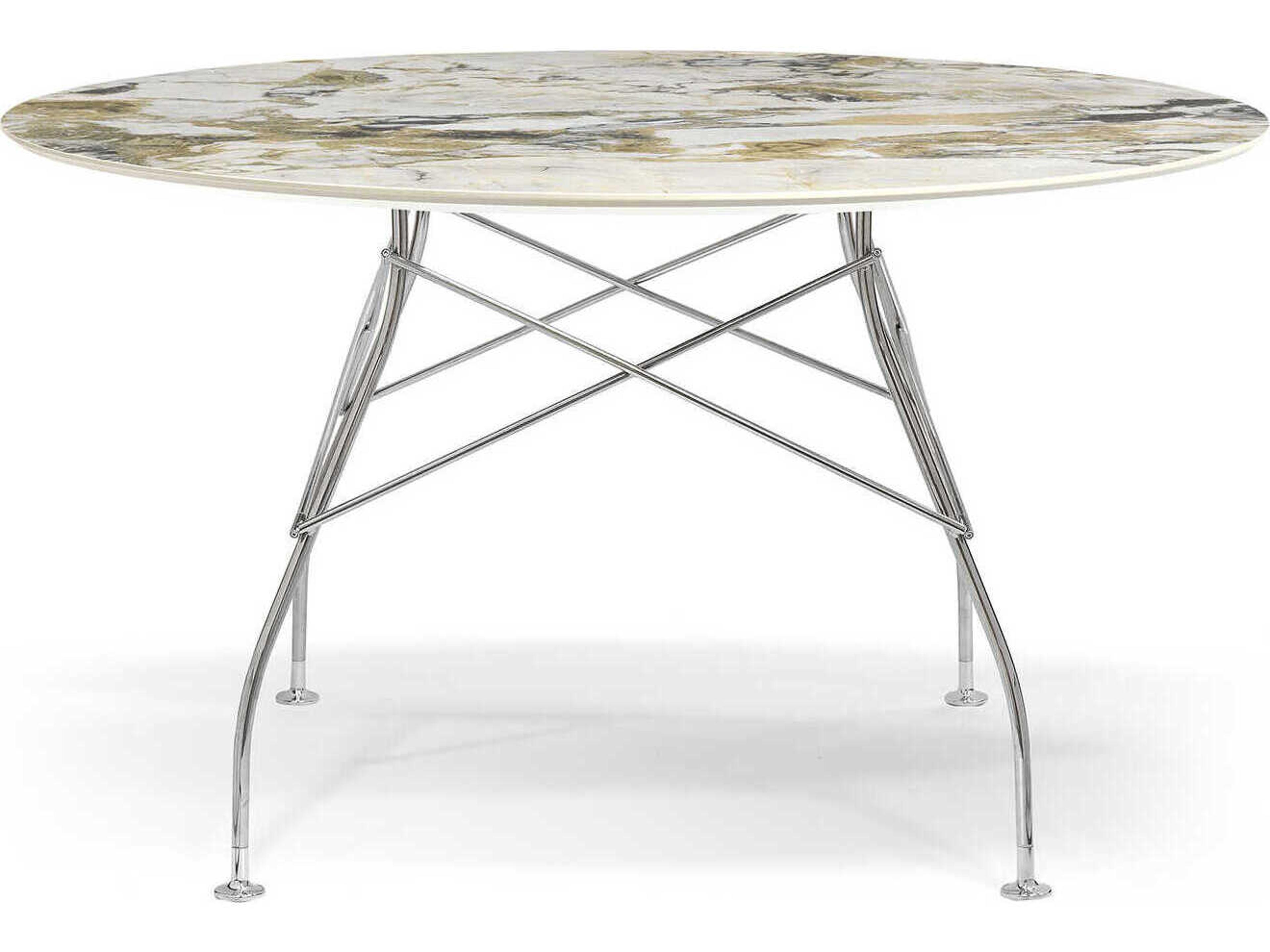 Glossy Round Stone Marble Symphonie Chrome Dining Table