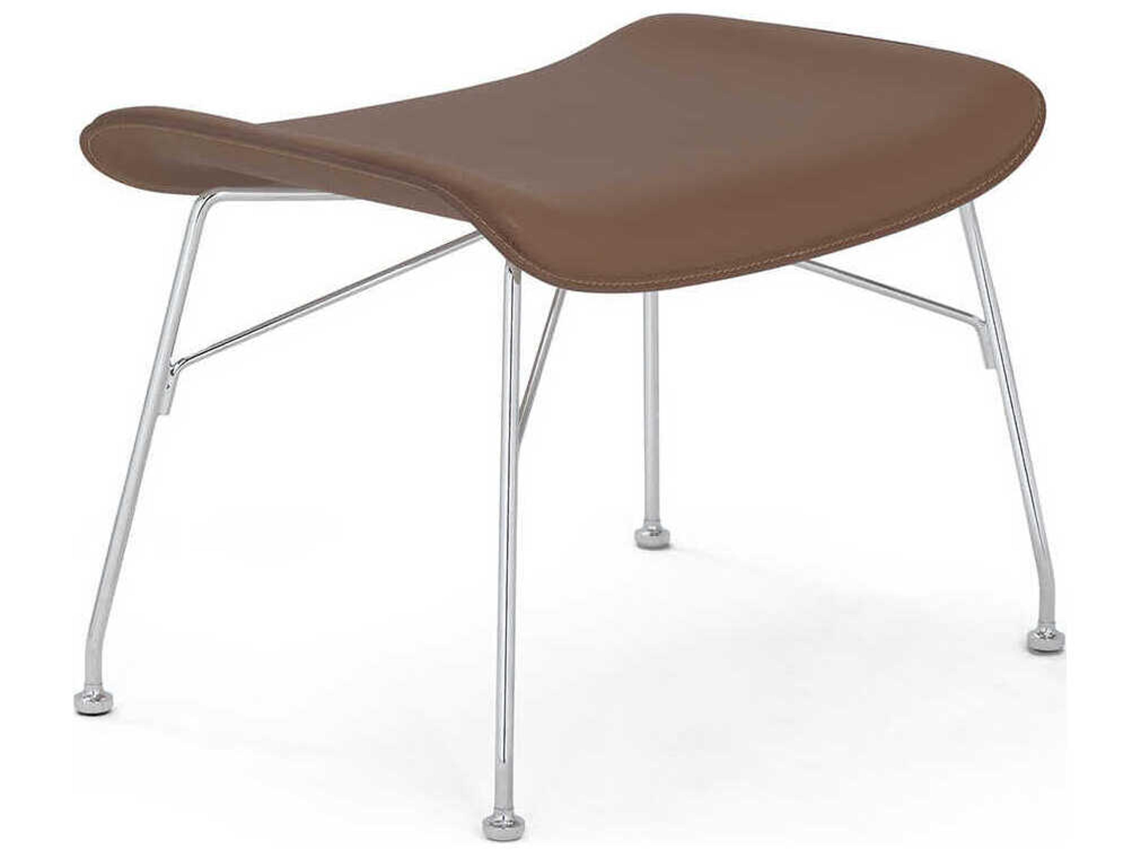 S-wood Slatted Ash Light Wood Leather And Chrome Brown Ottoman